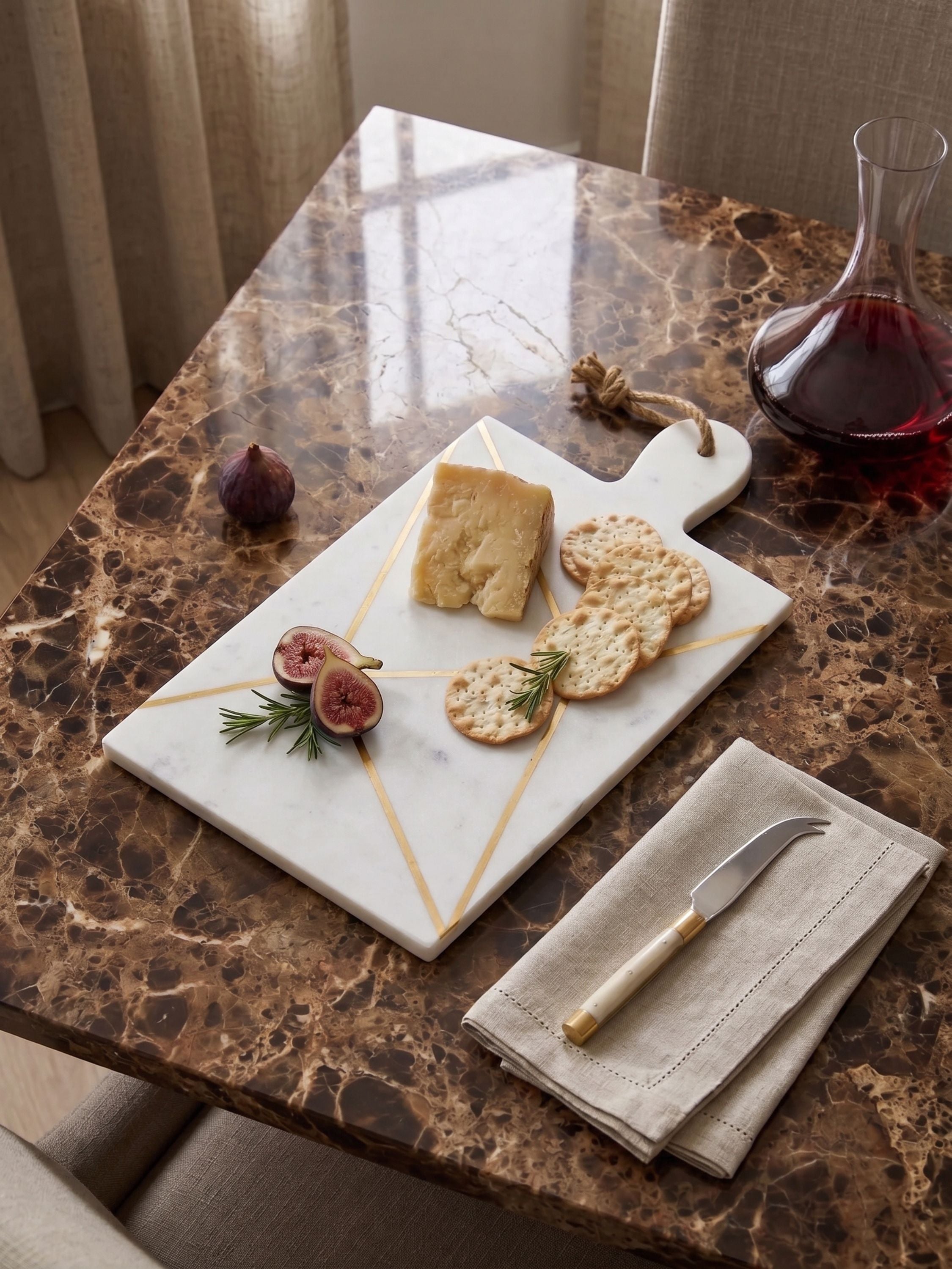 Marble cheese board with gold inlay styled with cheese and crackers on a dining table with wine in a refined serving setting