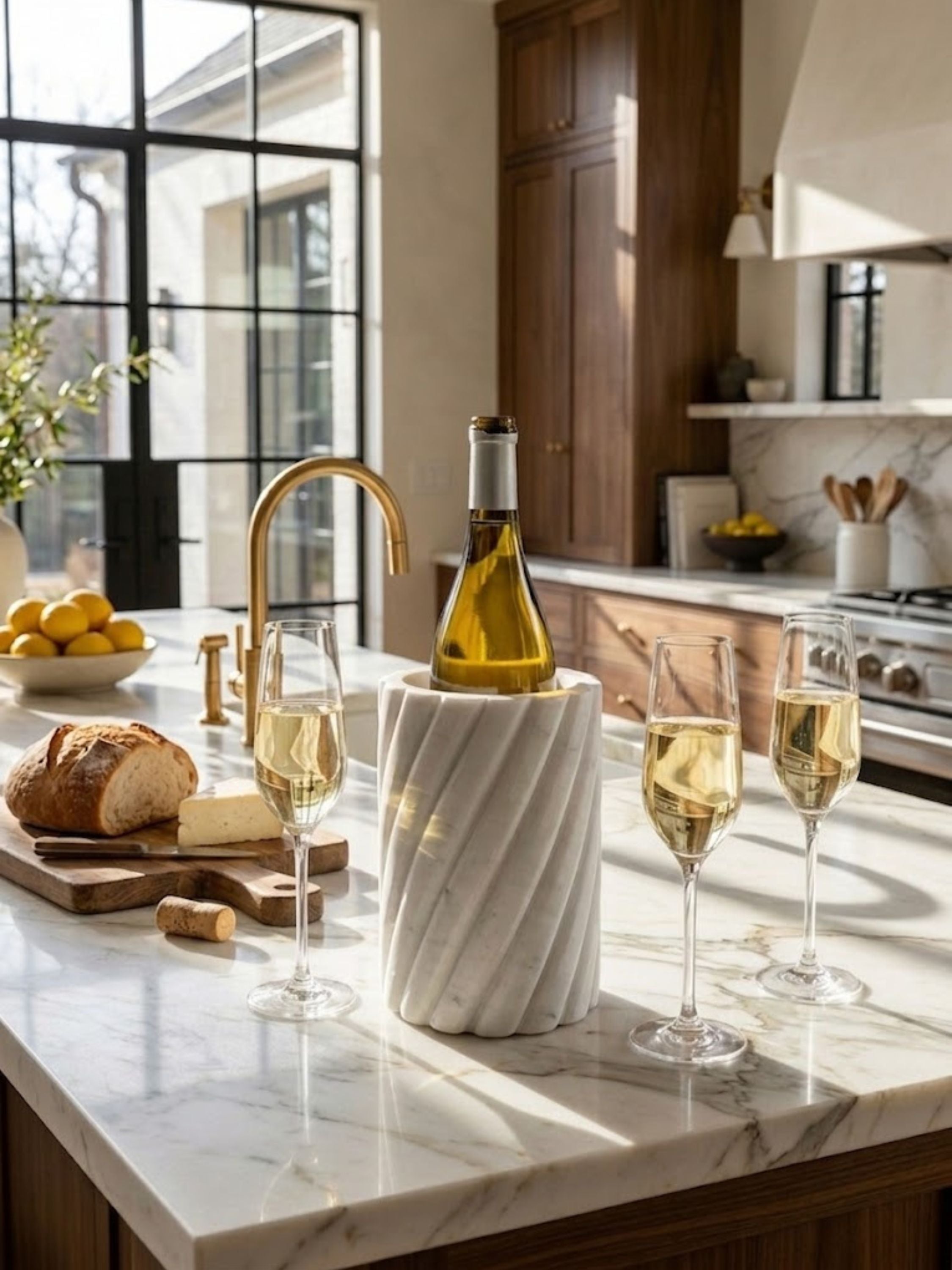 Taraz white onyx wine cooler with carved spiral detailing holding a chilled wine bottle on a marble island, styled with champagne flutes.