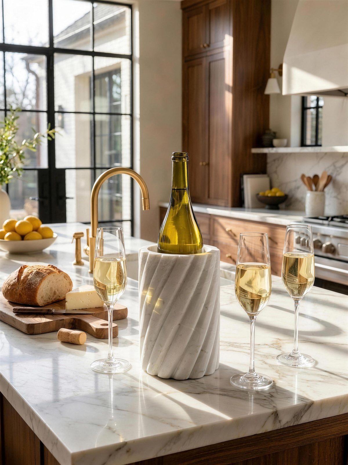 Ivory white marble wine cooler with spiral flutes holding a chilled bottle on a marble kitchen island, three flutes and a bread board beside it