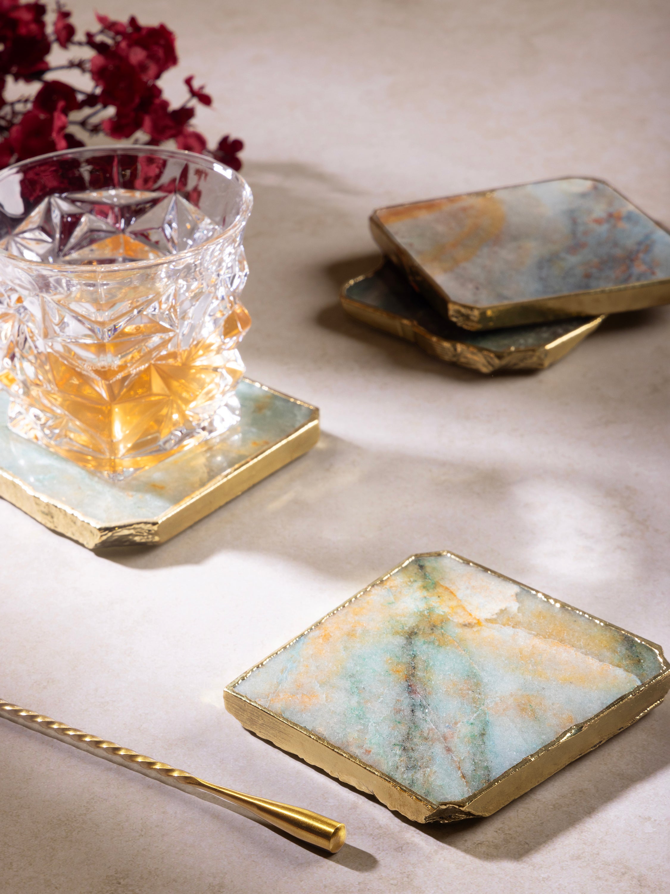 Handcrafted aventurine crystal coasters for an elegant and natural tabletop accent