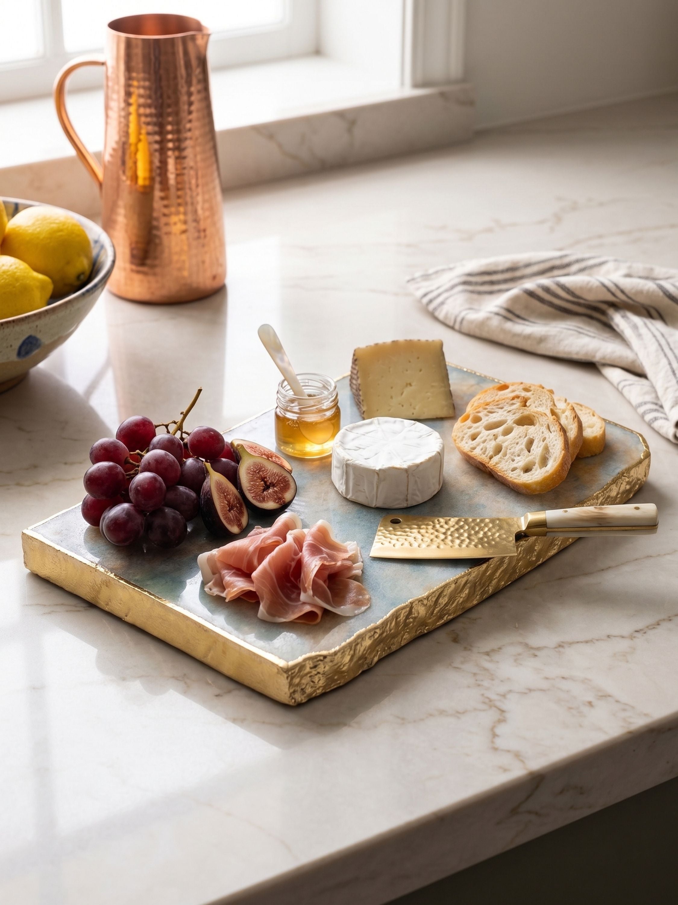Aventurine cheese board styled with cheese and fruit for serving.