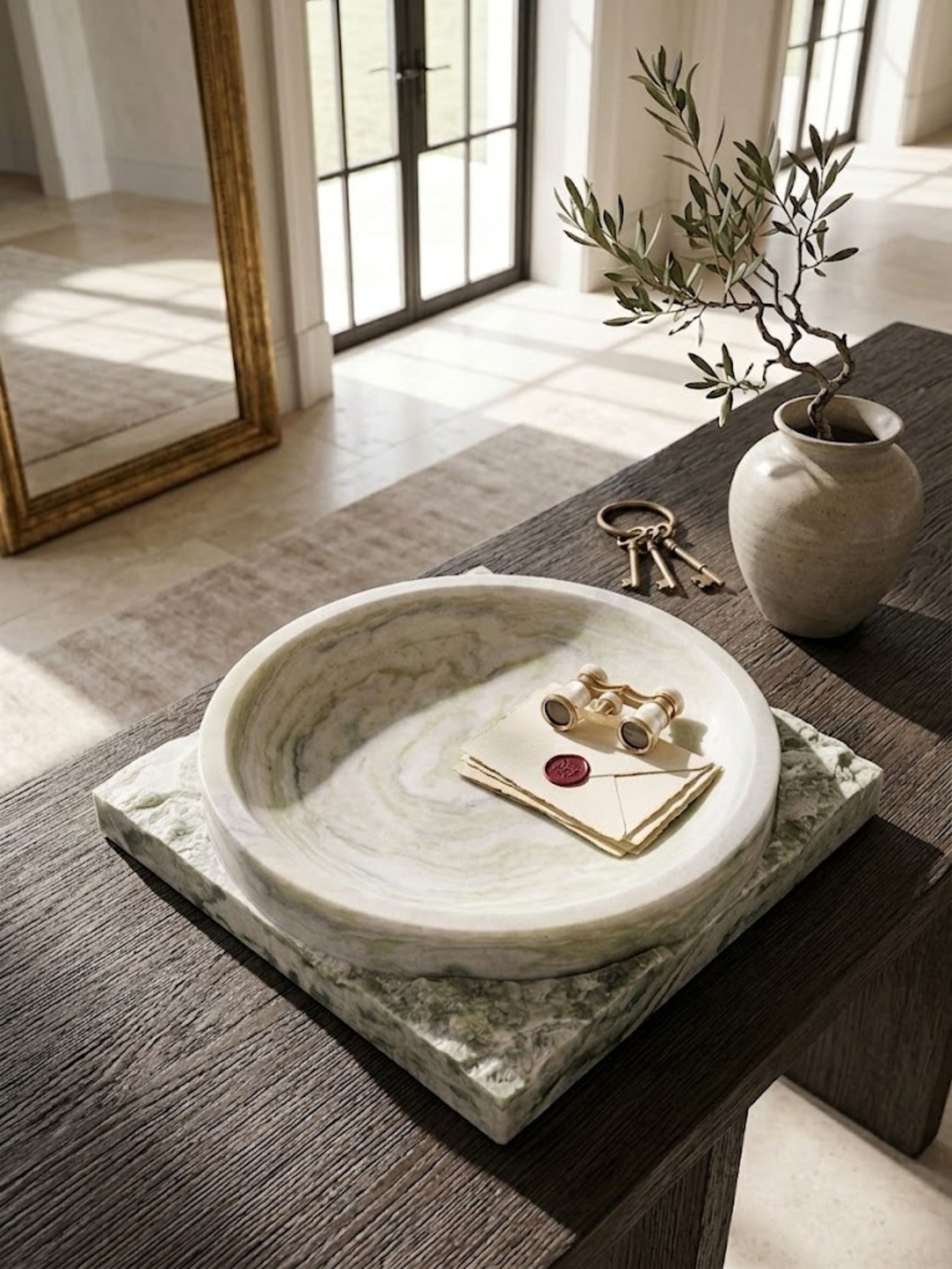 Sculptural Shayne green onyx bowl resting on a textured stone base atop an entryway console, styled with correspondence and botanical accents.