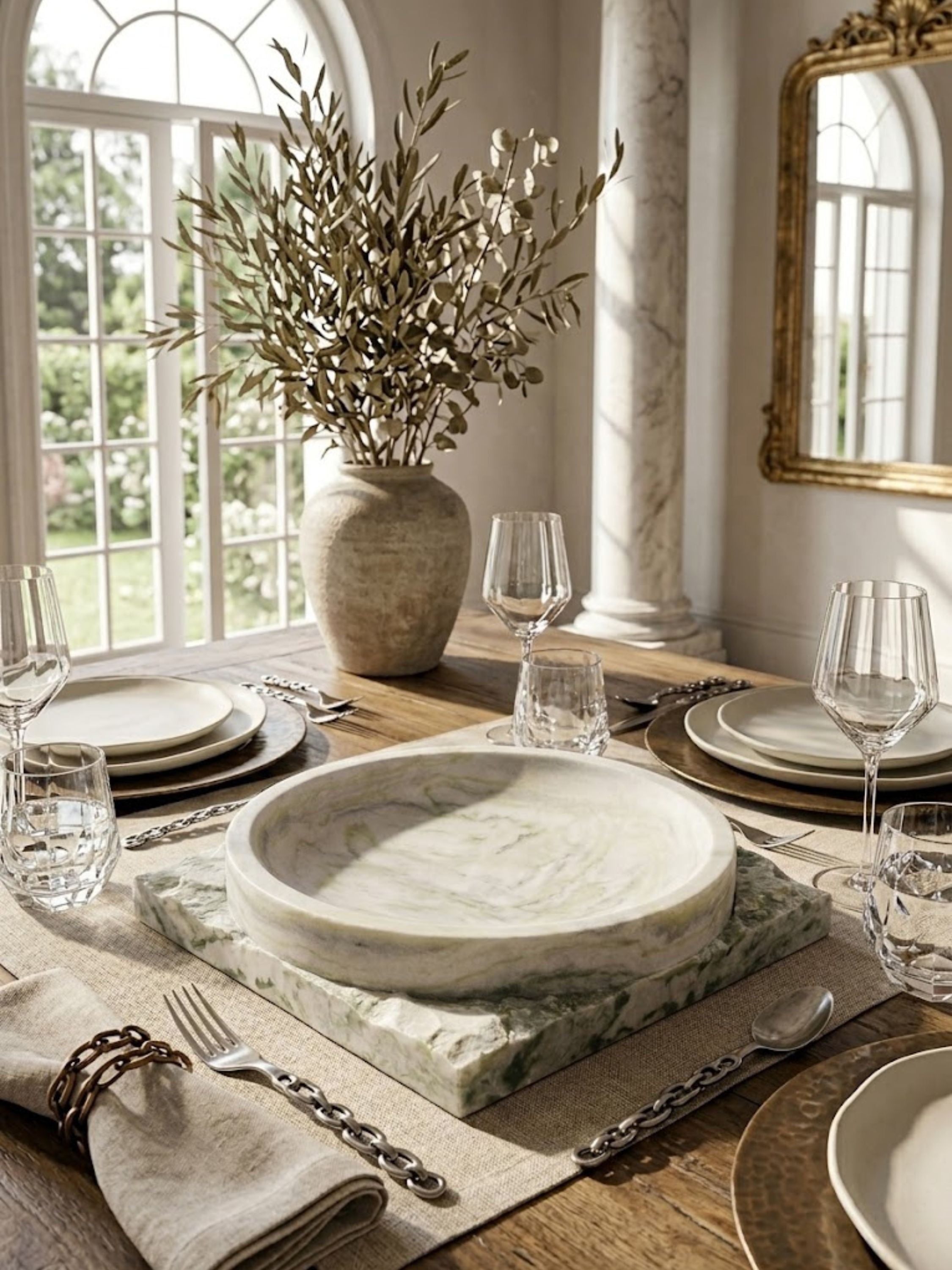 Shayne green onyx bowl with soft mineral veining displayed on a dining table, layered over a carved stone base with refined tabletop accents.