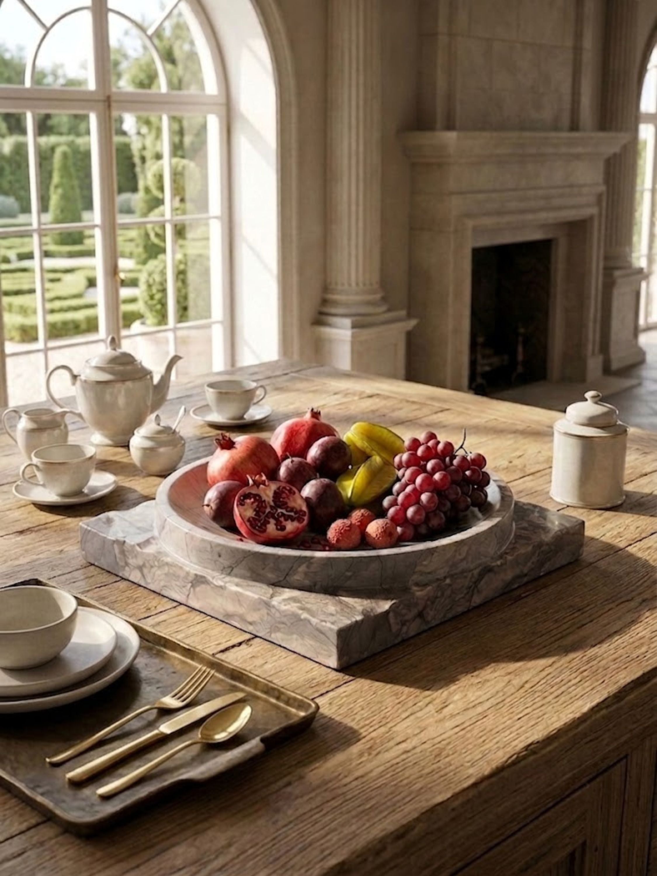 Shayne brown onyx bowl with rich mineral veining displayed as a centerpiece on a dining table, styled with seasonal fruit and warm natural light.