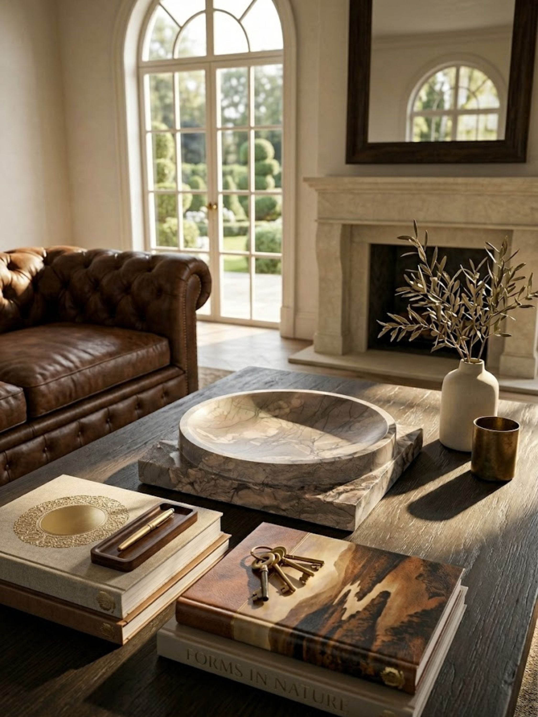 Shayne brown onyx bowl with layered stone movement displayed on a coffee table, styled with living room accents and collected objects.