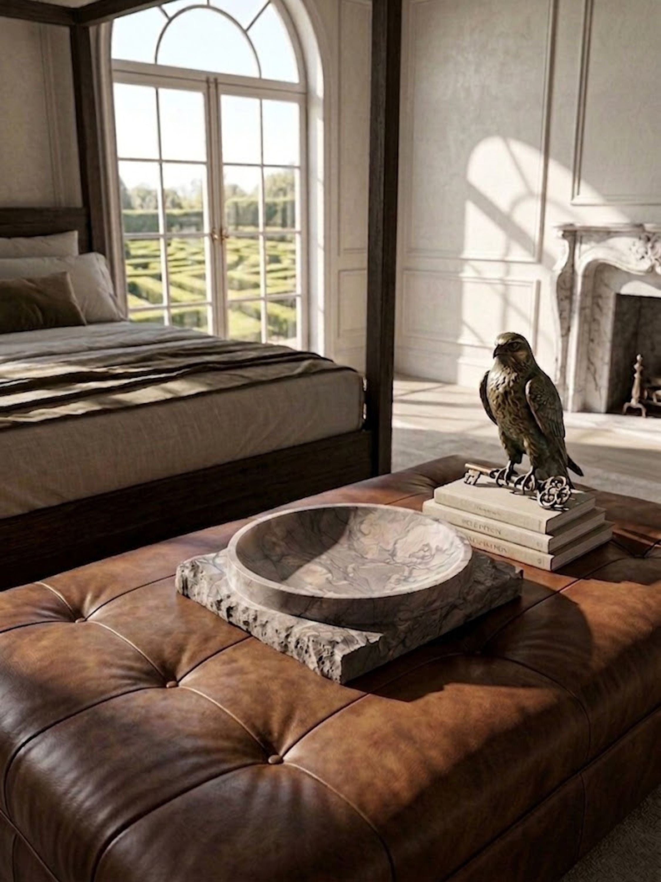Sculptural Shayne brown onyx bowl with expressive natural veining displayed on a leather bench, creating a focal point in a bedroom setting.