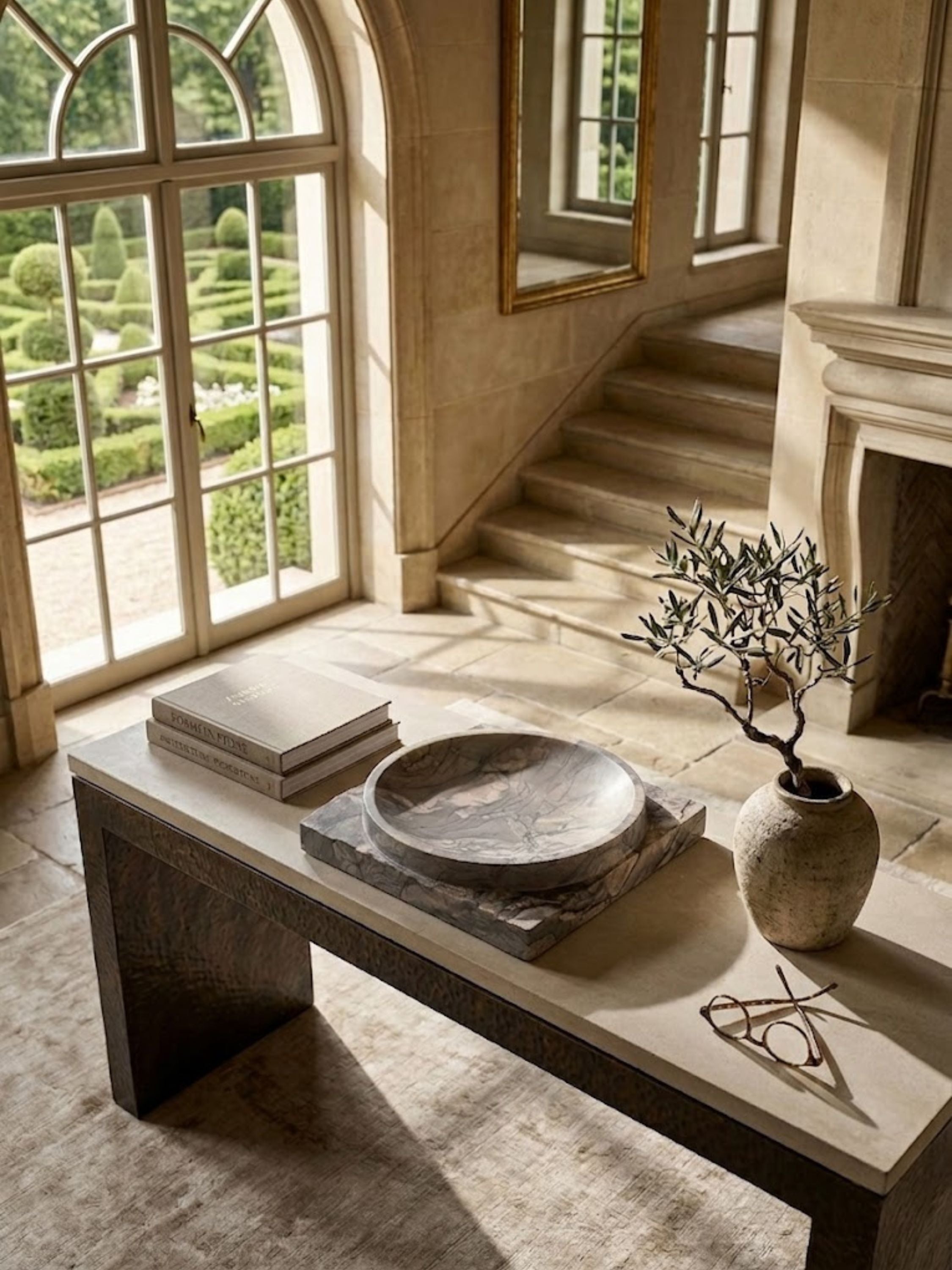 Shayne brown onyx bowl with layered stone movement resting on a coffee table, styled alongside books and ceramics.