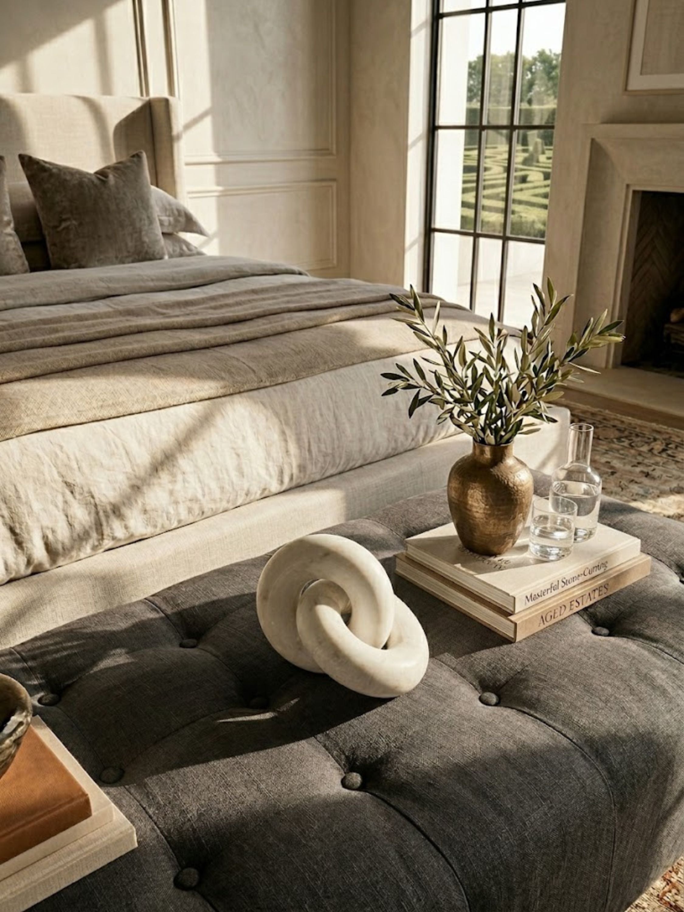Munich white marble knot displayed on a tufted bench, bringing sculptural form and quiet material presence to a bedroom setting.