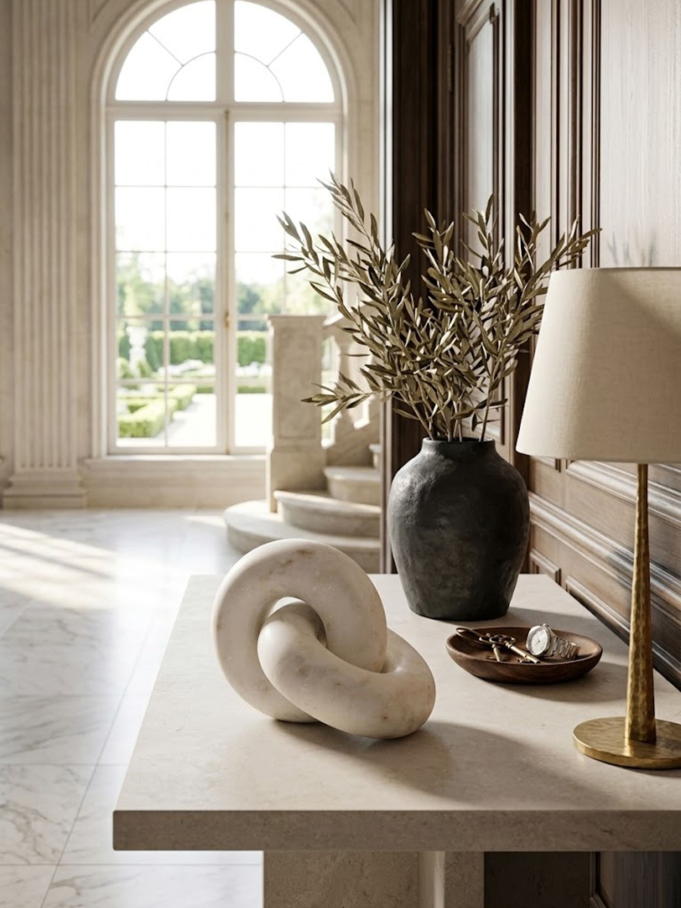 White marble Munich knot sculpture with smooth curves styled on a console table, paired with ceramics and warm metallic accents.