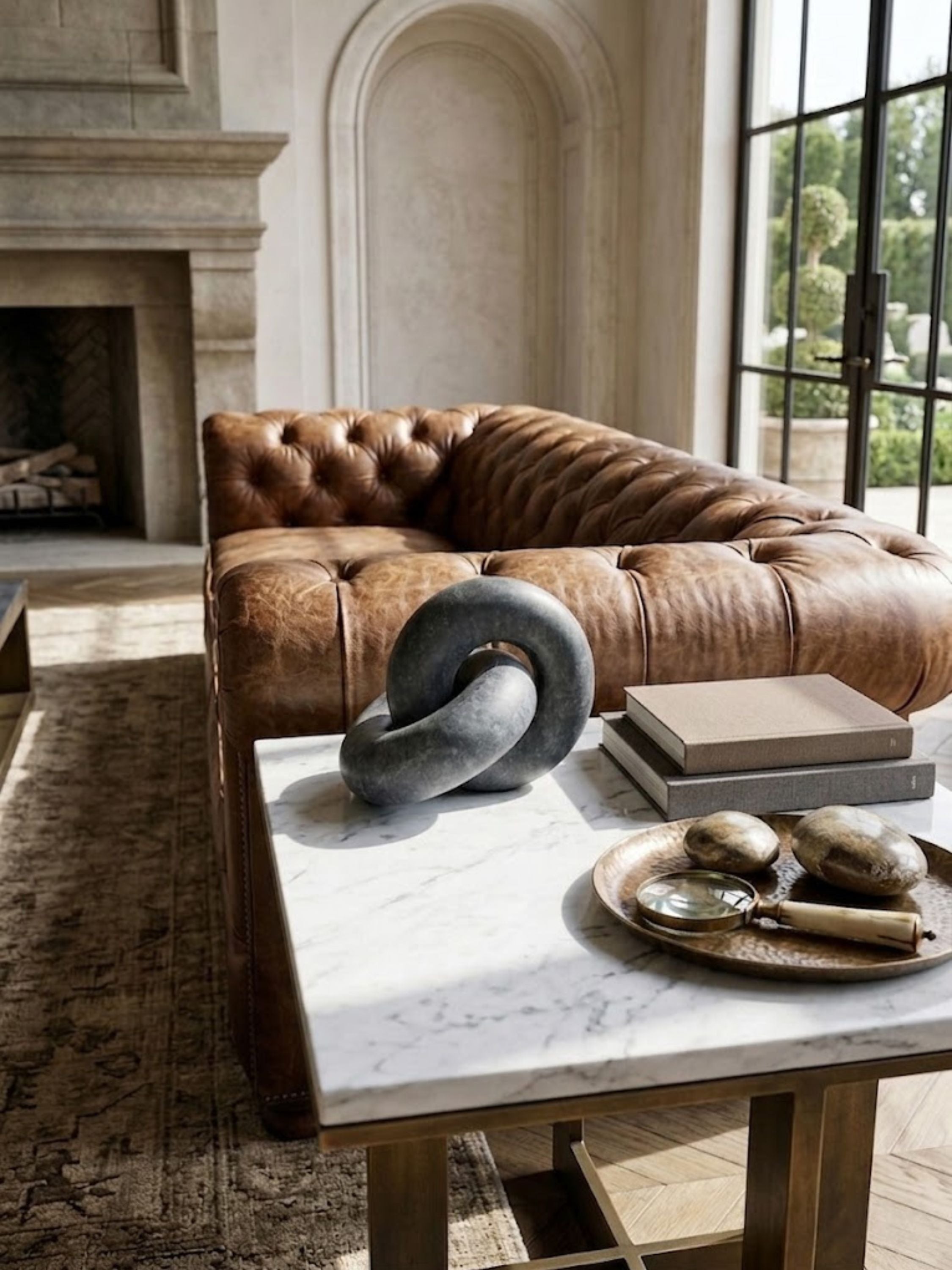 Black marble Munich knot with smooth interlocking curves styled on a marble coffee table, paired with collected objects and leather seating.