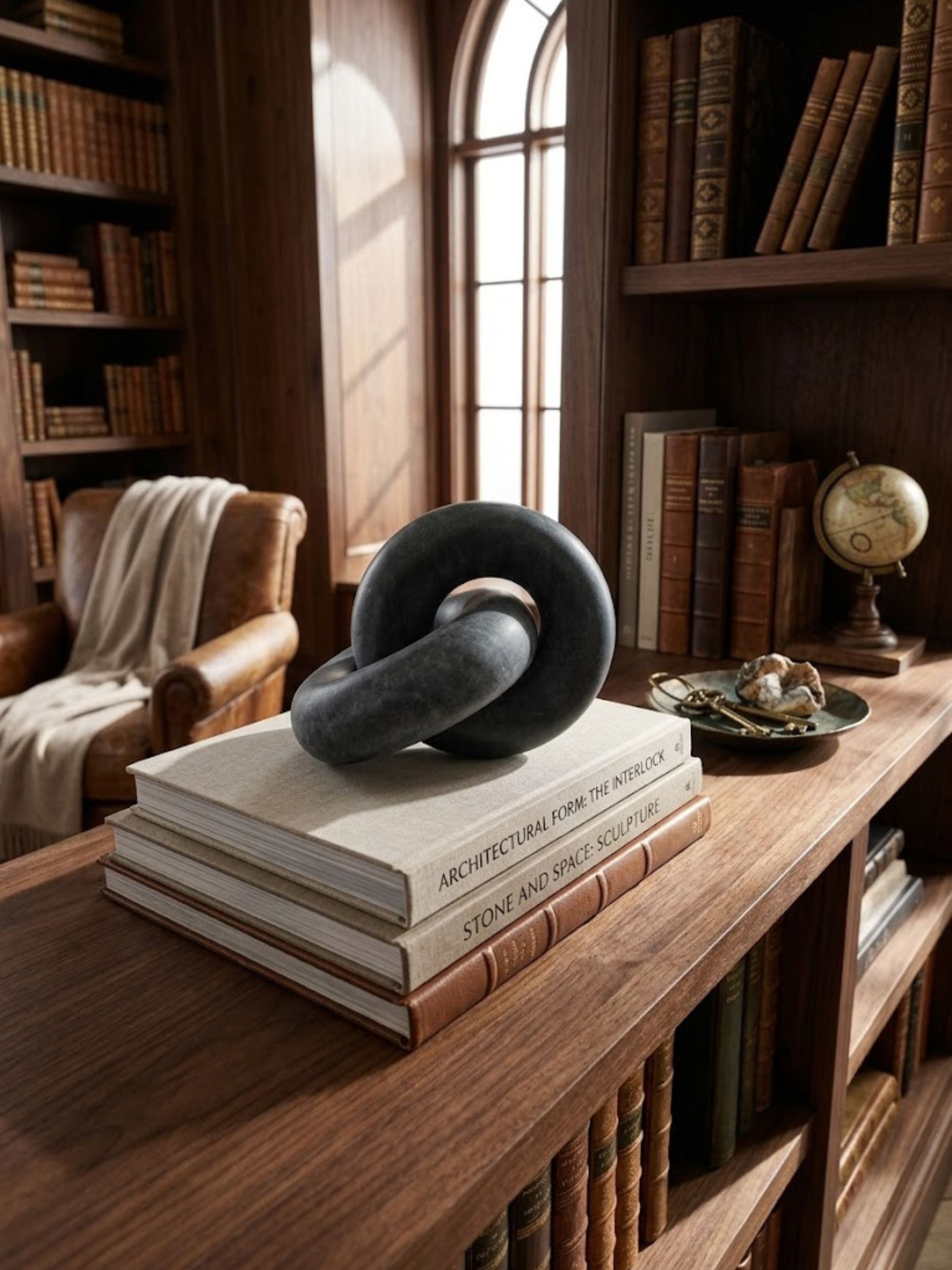 Munich black marble knot resting atop stacked books, creating a sculptural focal point within a library-inspired setting.