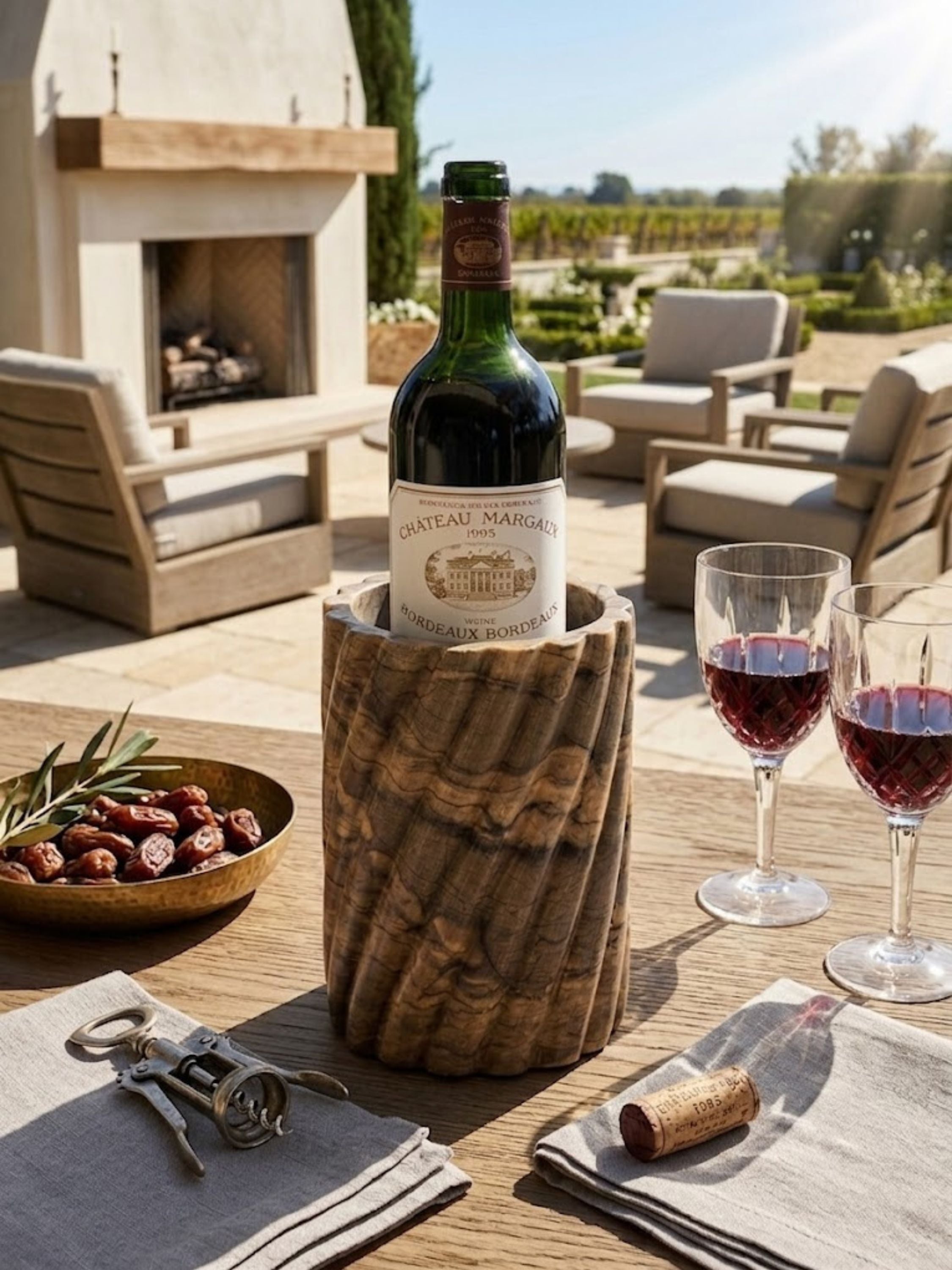 Sculptural Taraz brown onyx wine cooler with flowing carved texture, styled for outdoor entertaining with red wine and crystal glasses.