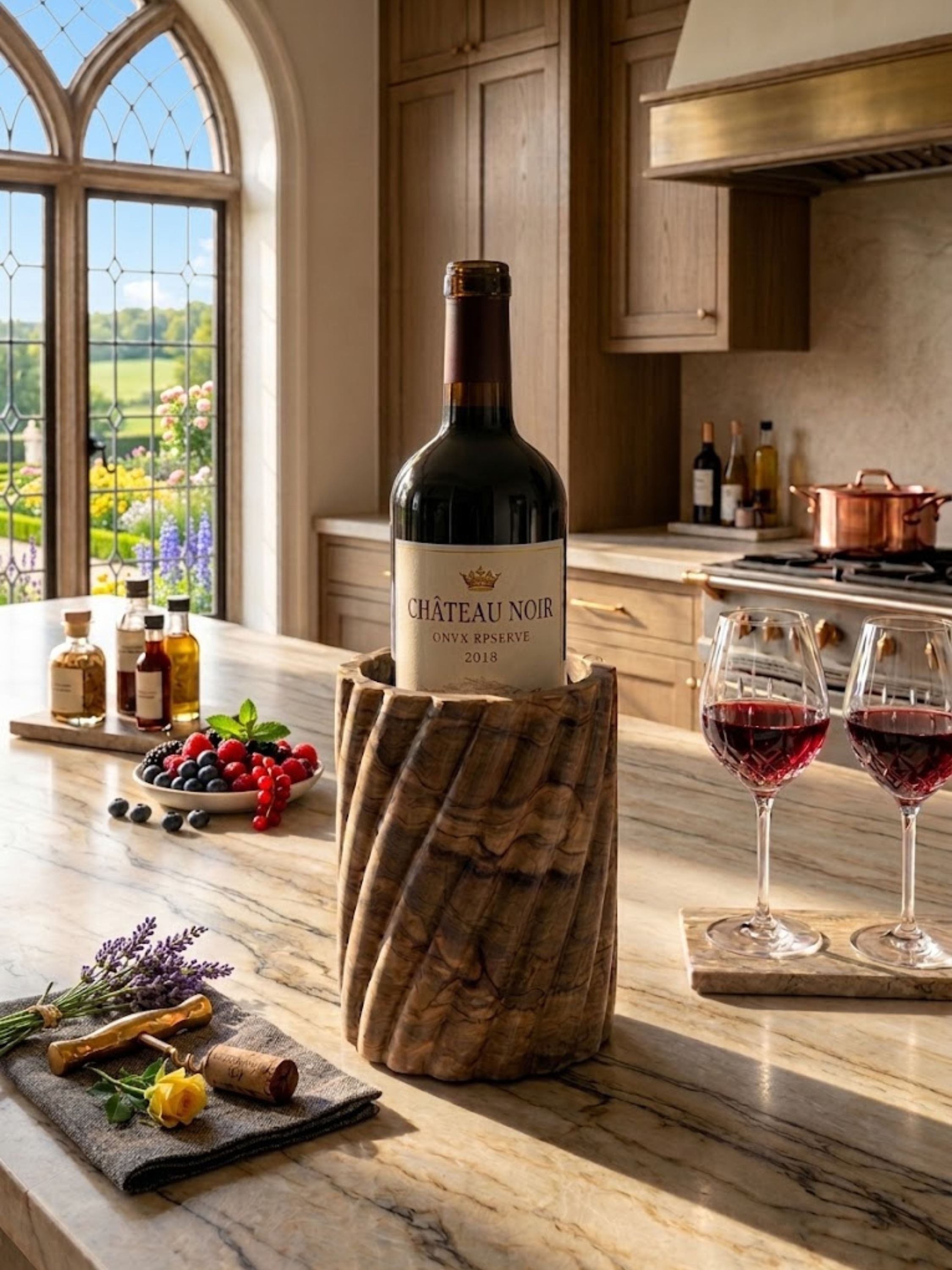 Taraz brown onyx wine cooler with sculpted spiral carving displayed on a marble island, styled with red wine, crystal stemware, and wood cabinetry.