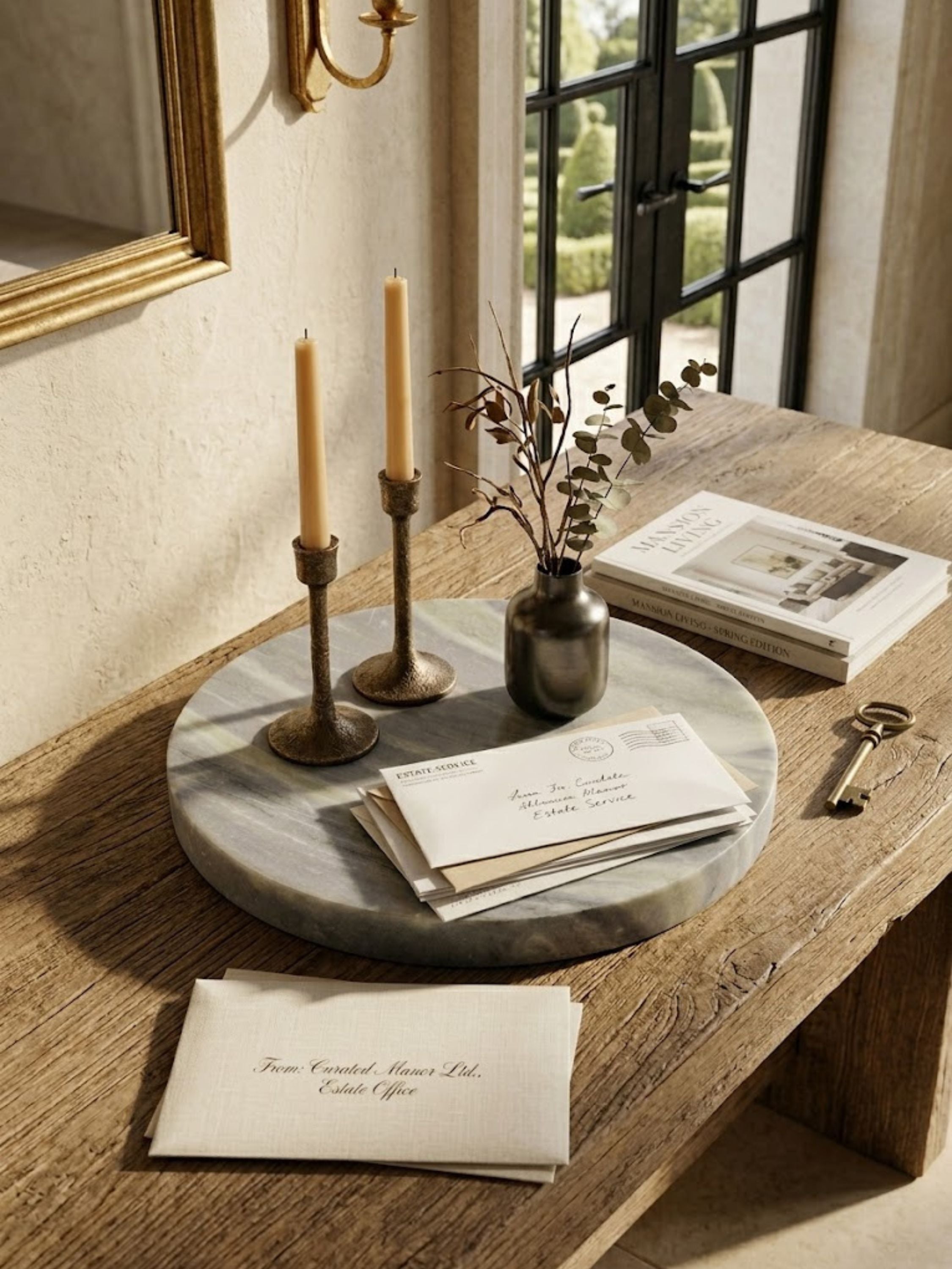 Ikoy green onyx round tray displayed on a rustic console table with candles and decorative accents in warm light.