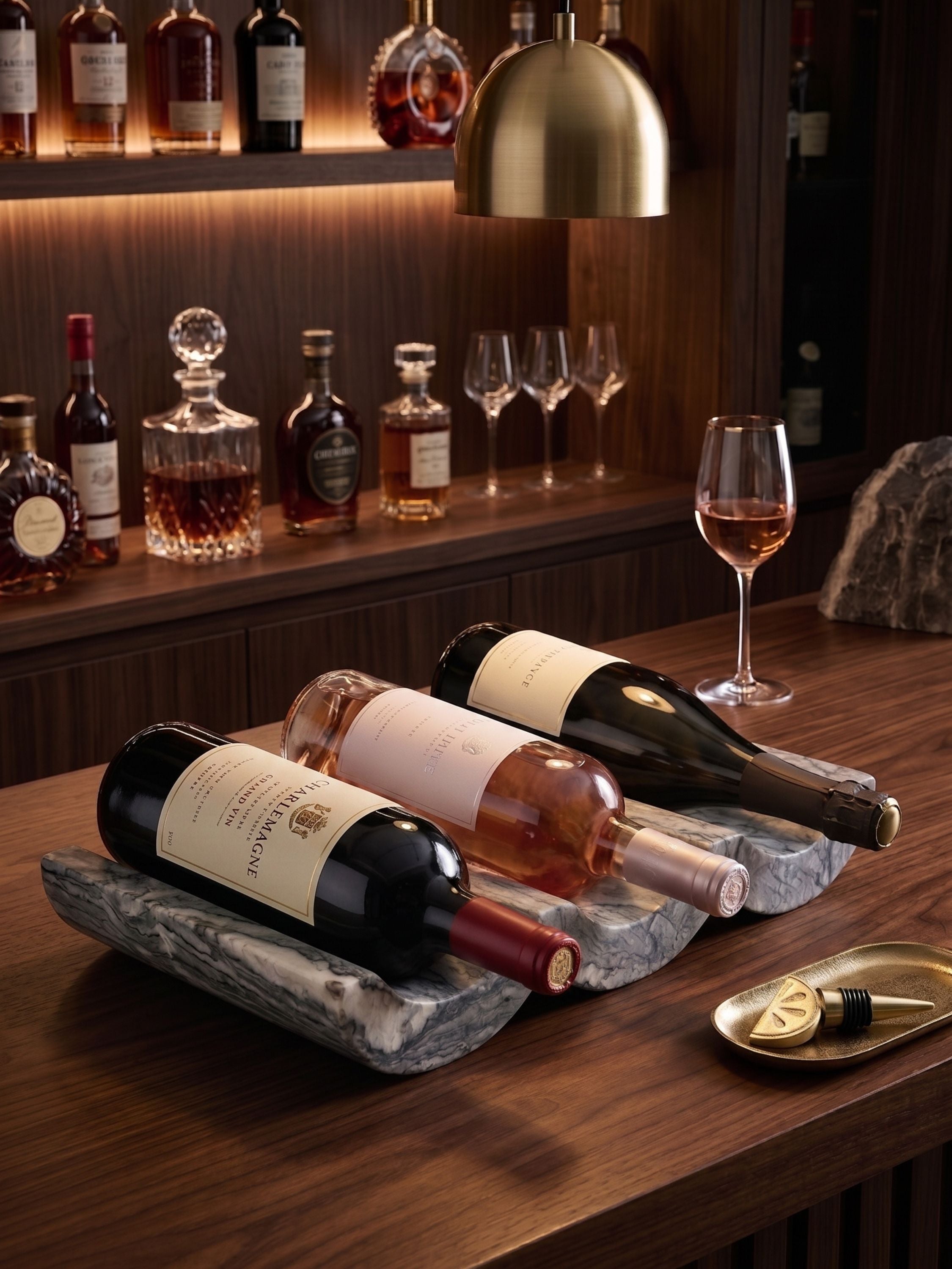 Brown onyx wine bottle holder presenting three wine bottles on a luxury bar cabinet, emphasizing dramatic mineral veining and elevated entertaining style.