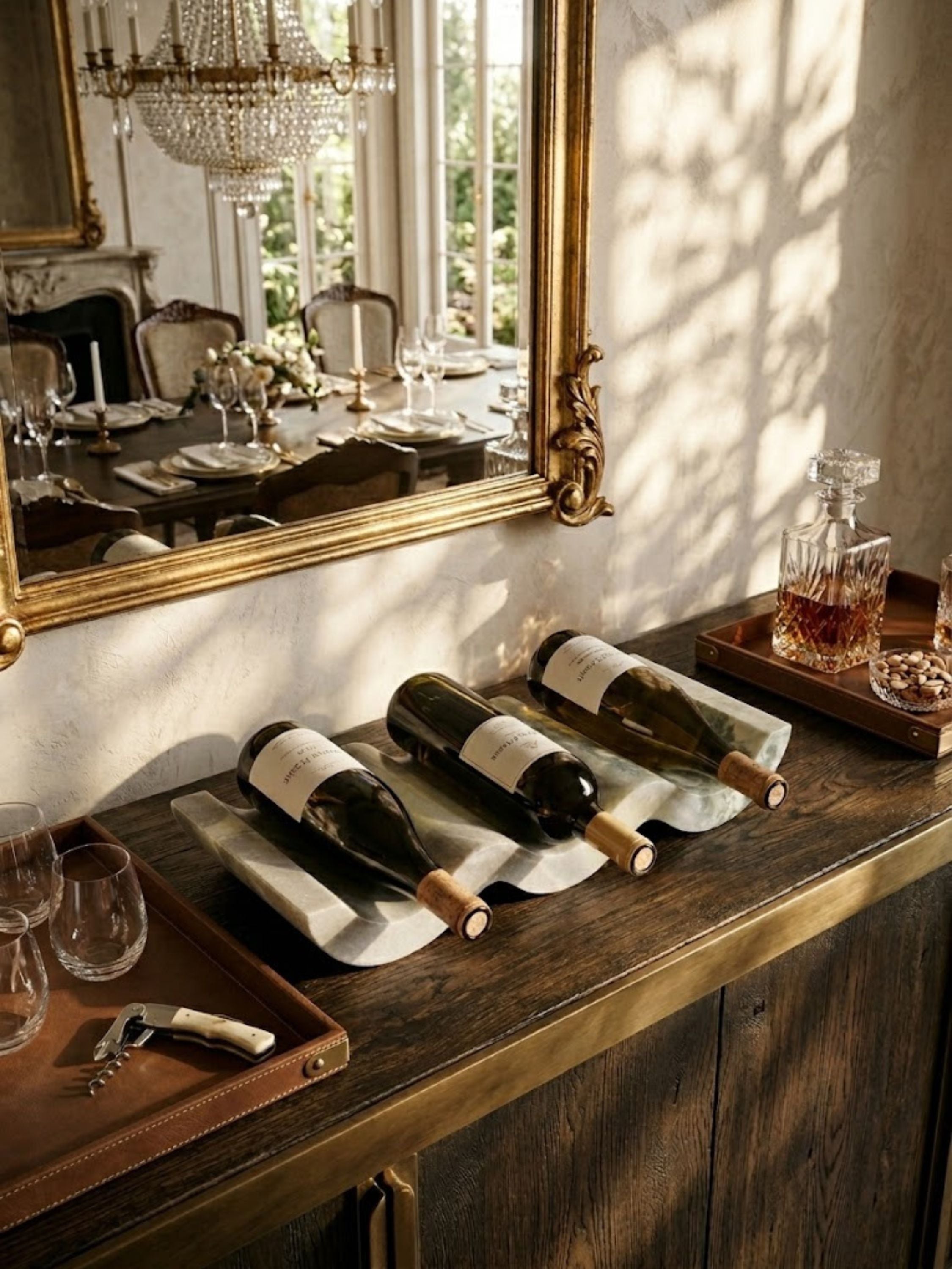 Green onyx wine bottle holder displayed on a dark wood console beneath an antique mirror, showcasing sculptural form and the natural movement of translucent stone.