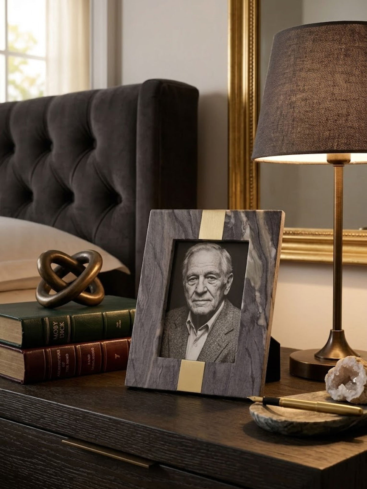 Mocha brown onyx picture frame with flush inset brass tabs and cream veining, styled on a bedside table.