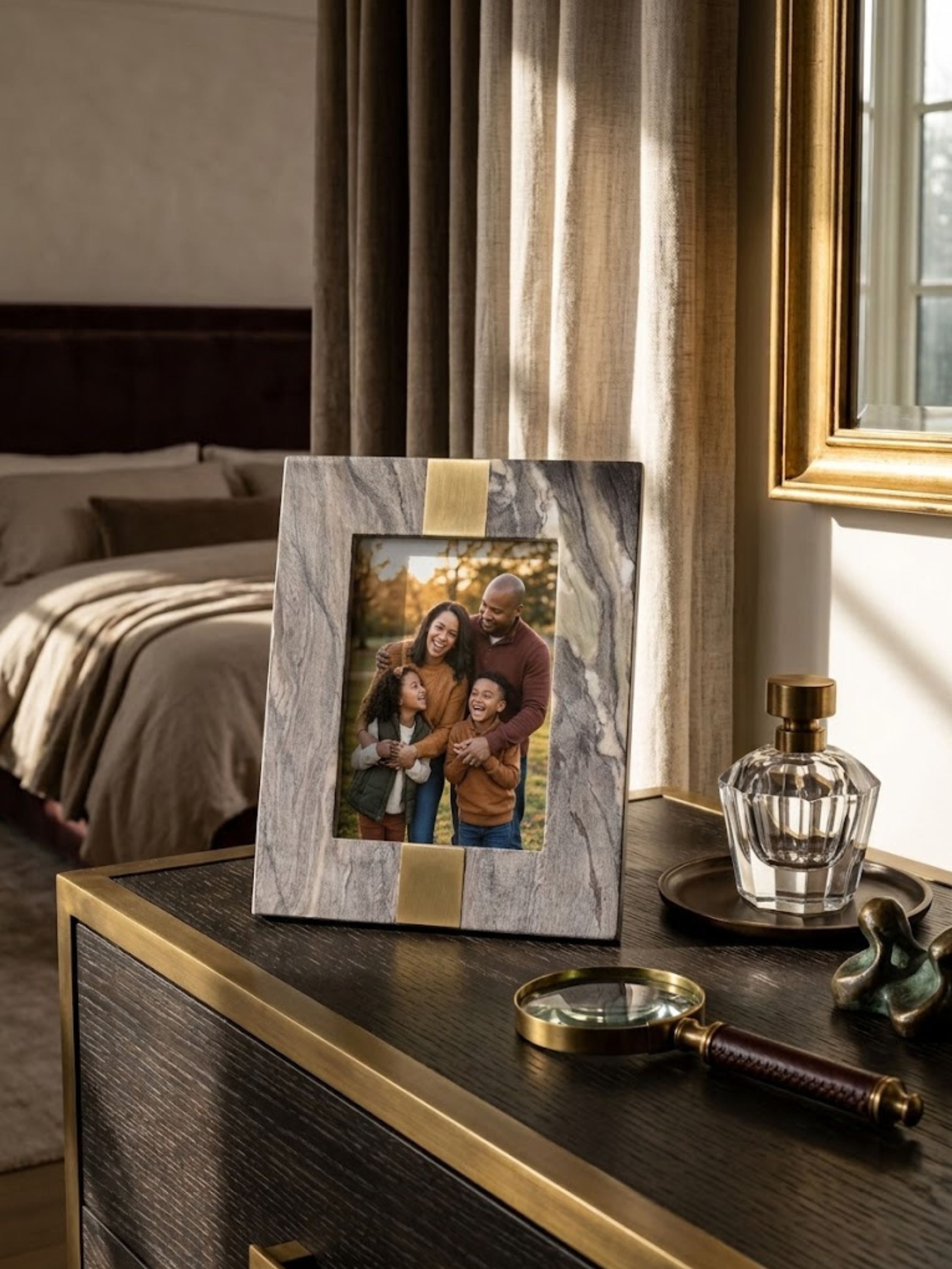 Mocha brown onyx picture frame on an easel stand with close-grain veining, styled on a bedside table.
