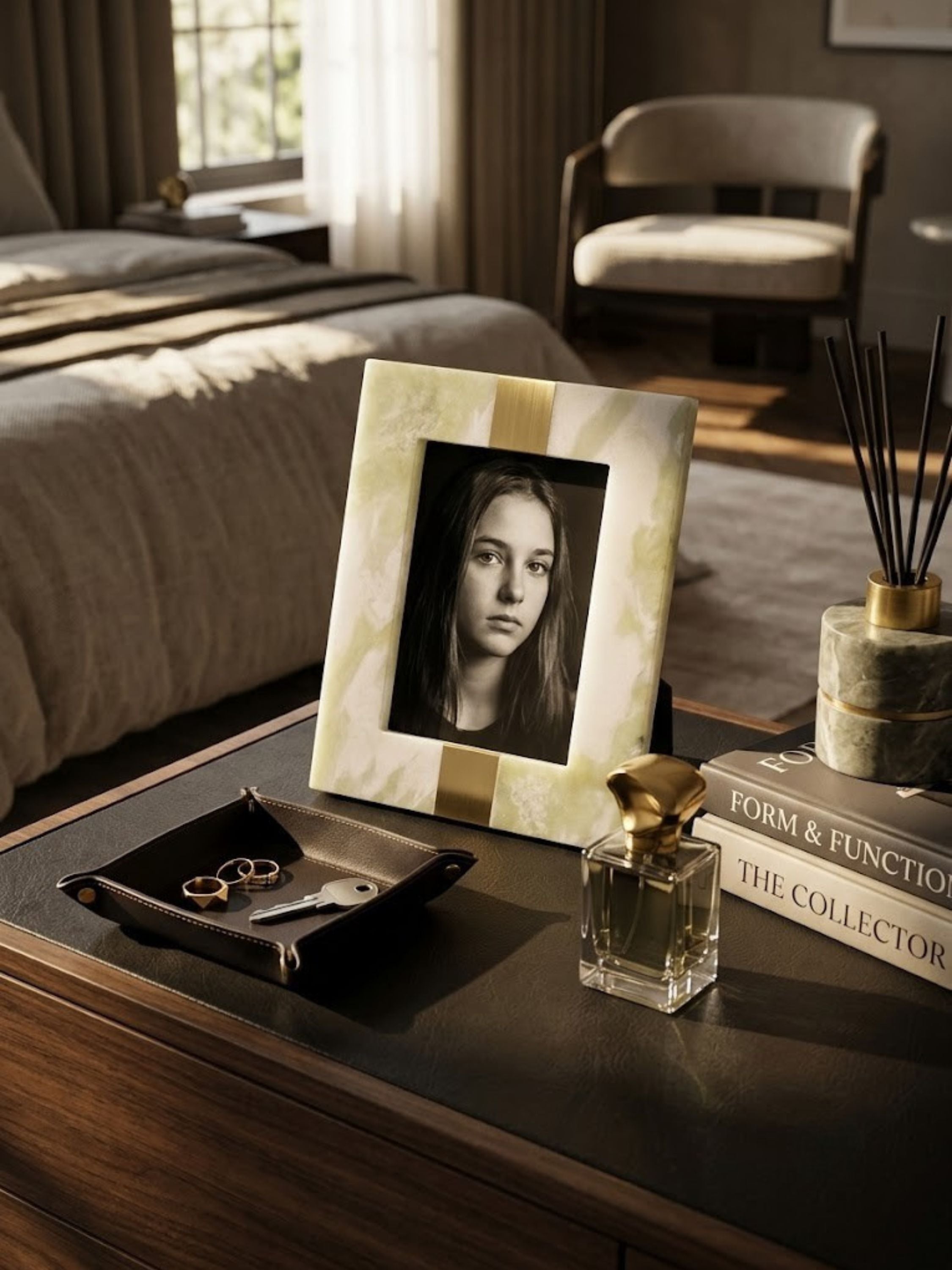 Green onyx picture frame with a matte-polished finish, styled on a bedside table.
