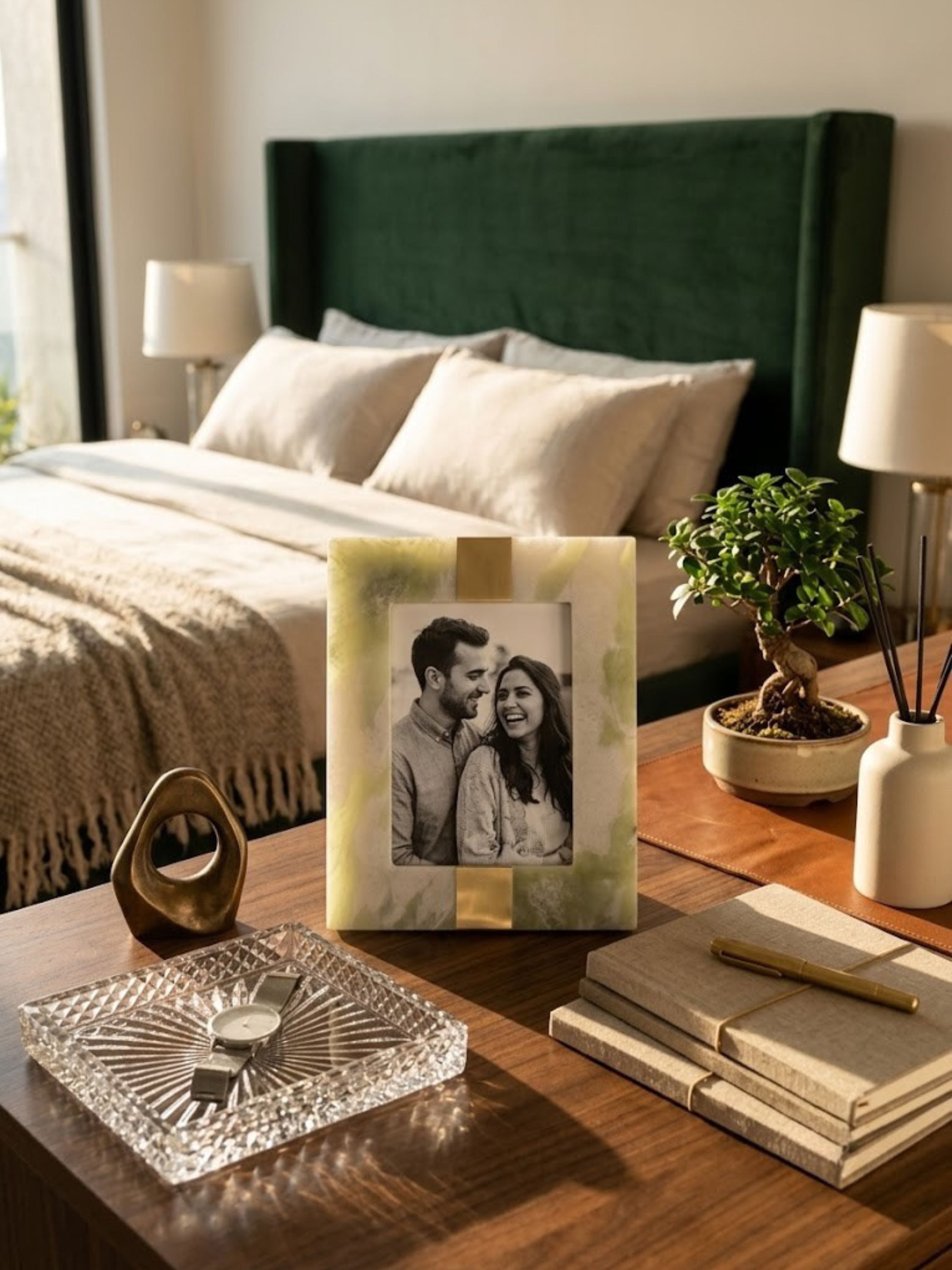 Green onyx picture frame with a non-directional veining pattern, styled on a bedside table.