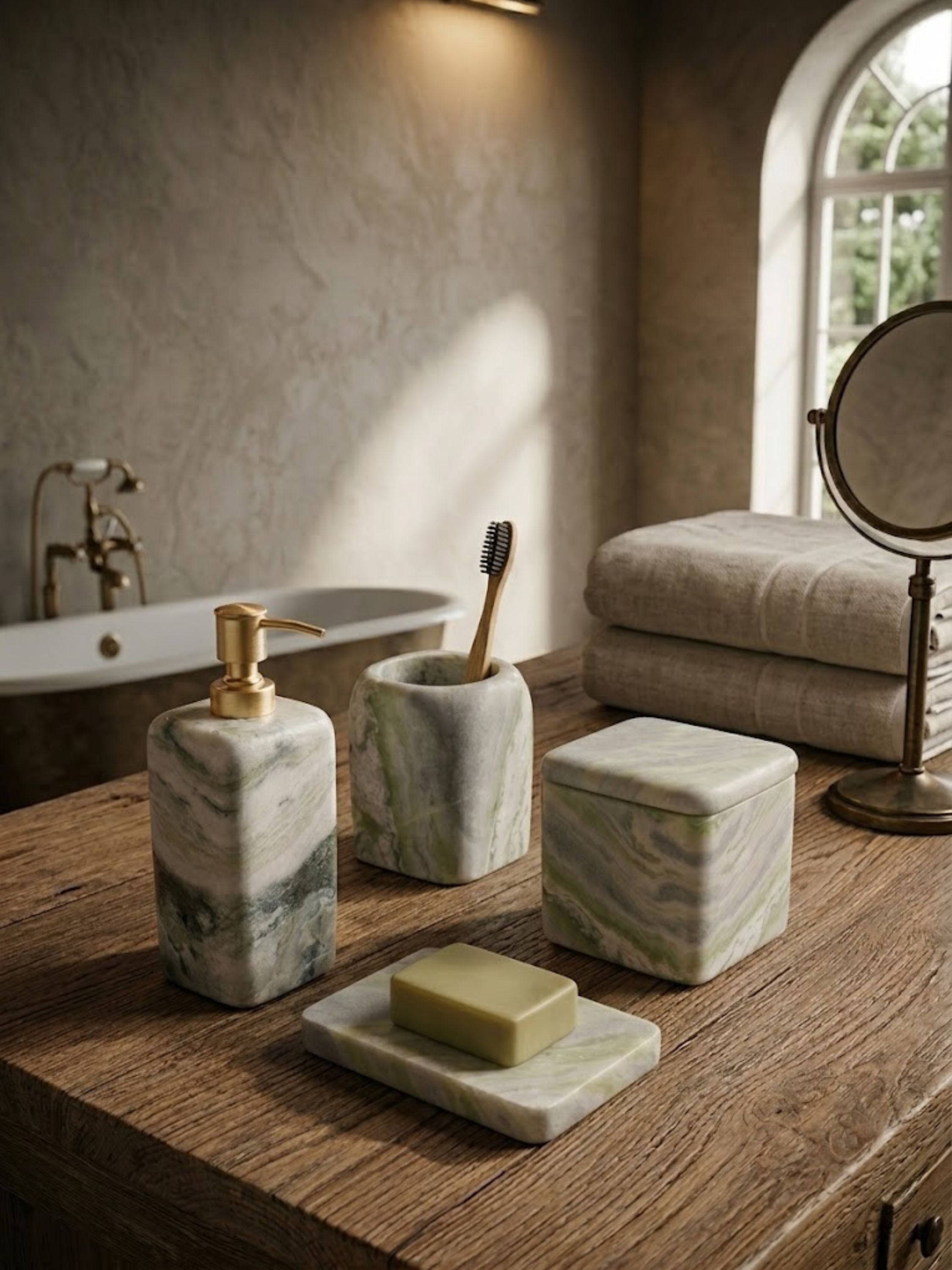 Green onyx bathroom accessories set displayed in a serene bath setting with folded linens and a freestanding tub, showcasing sculptural form and tonal stone character.