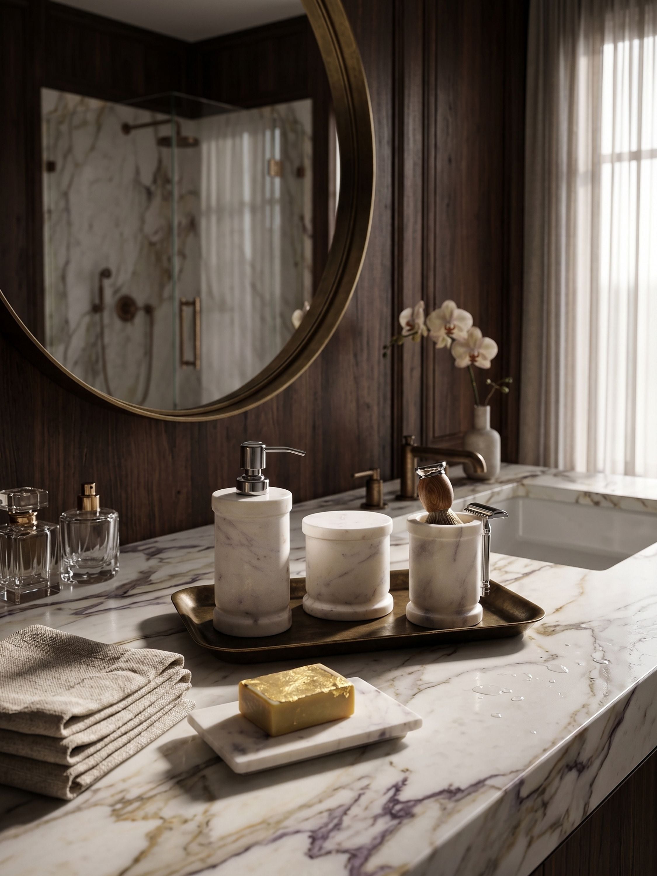 Marble bathroom accessories set styled on a vanity with soap dispenser, jar, and holder on a marble countertop