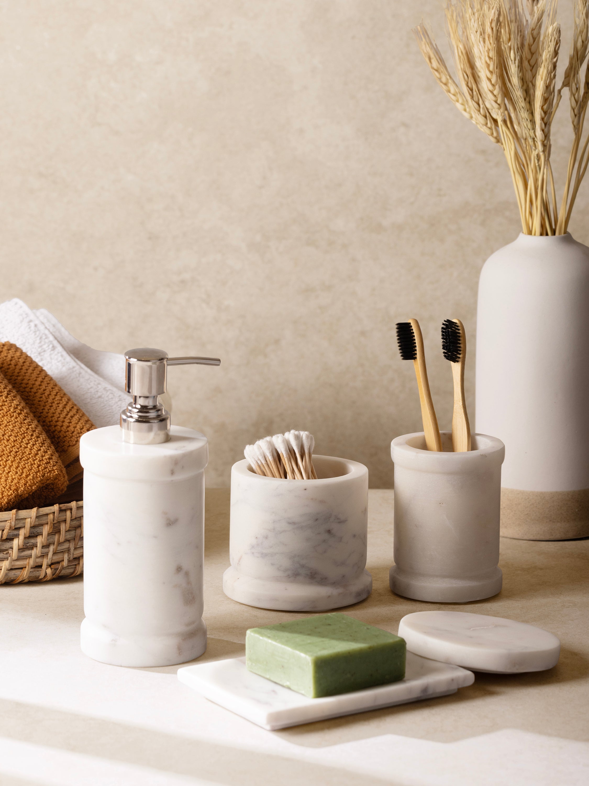 Handcrafted Marble Bathroom Set – Soap Dispenser, Canister, Tumbler & Tray