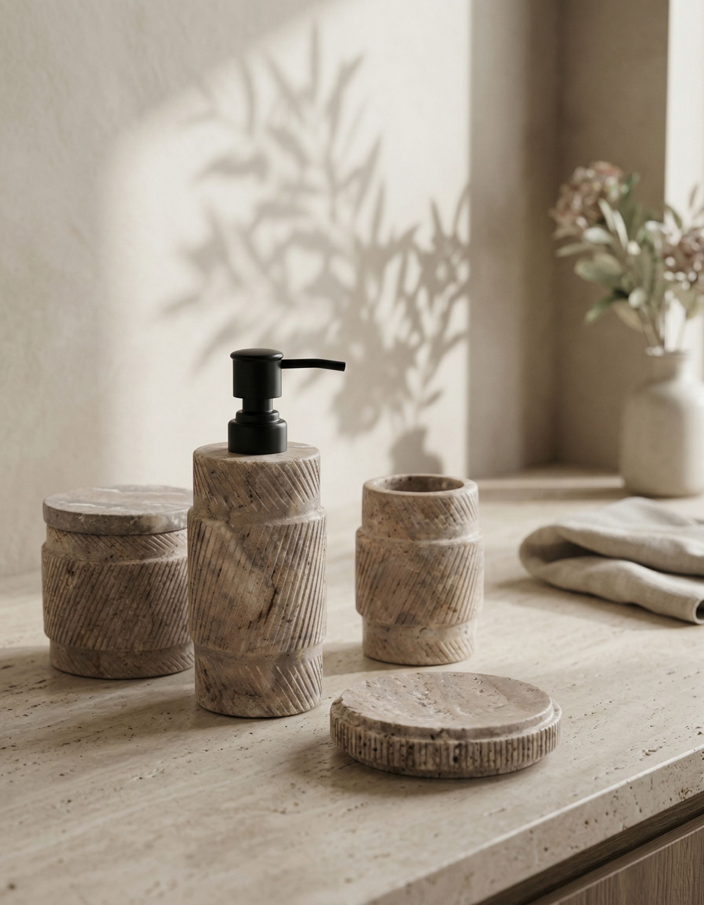 Carved marble bathroom accessories set with soap dispenser, jar, and holder on a neutral stone vanity