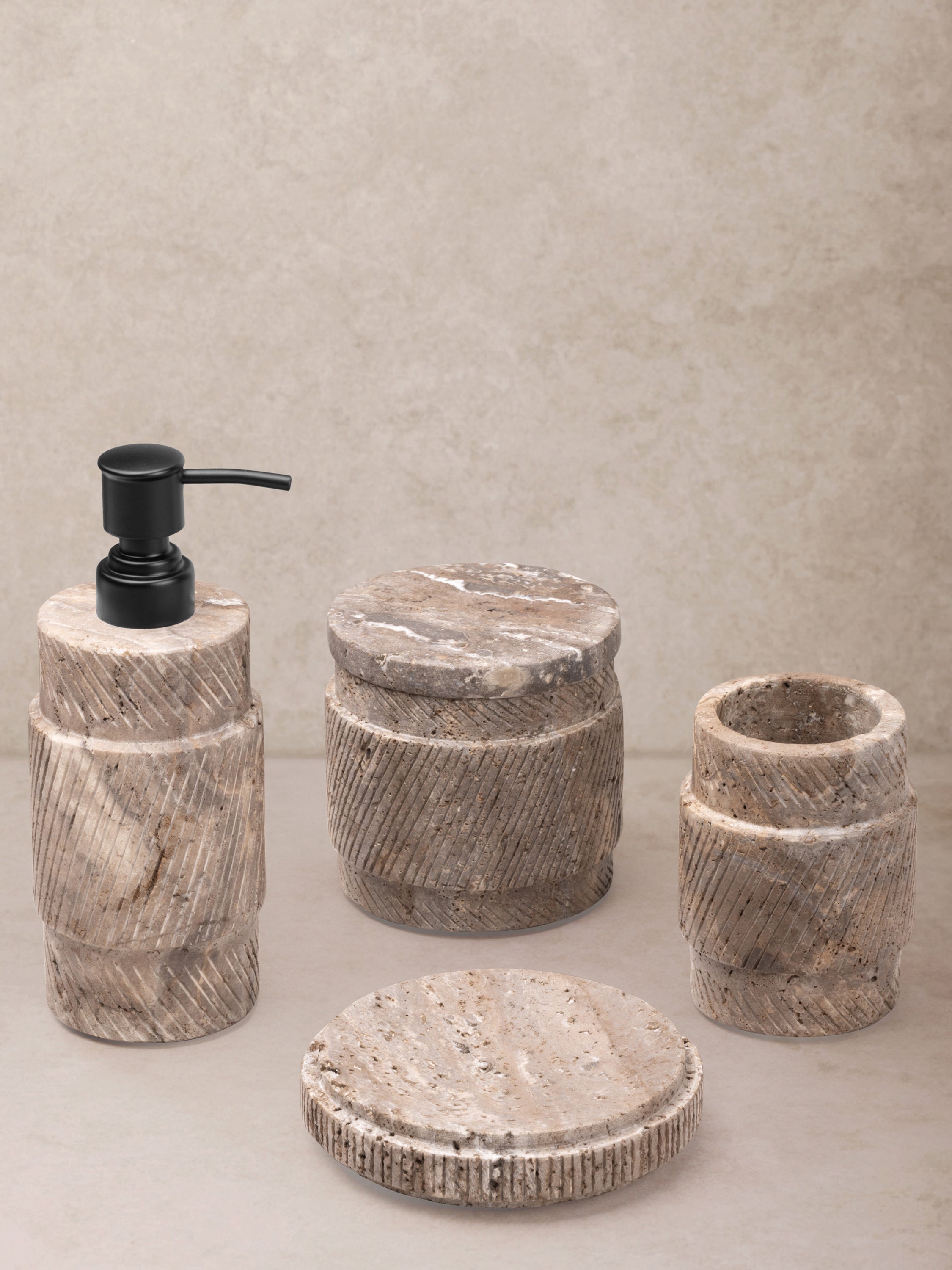 Luxury Gray-Brown Travertine Bath Accessories Set – Elegant Stone Bathroom Decor