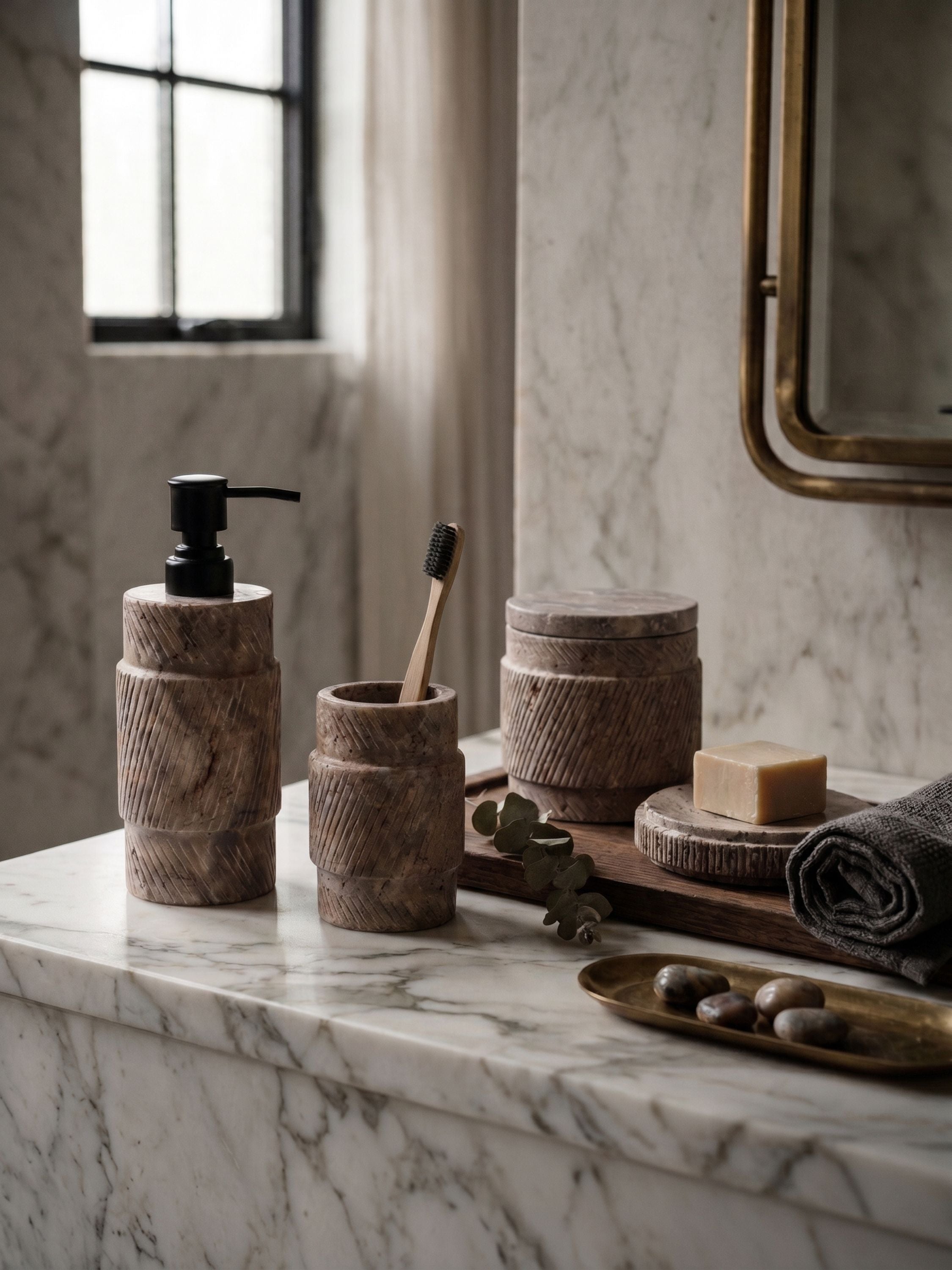 Textured marble bathroom accessory set placed on a marble countertop with soap, towel, and tray styling