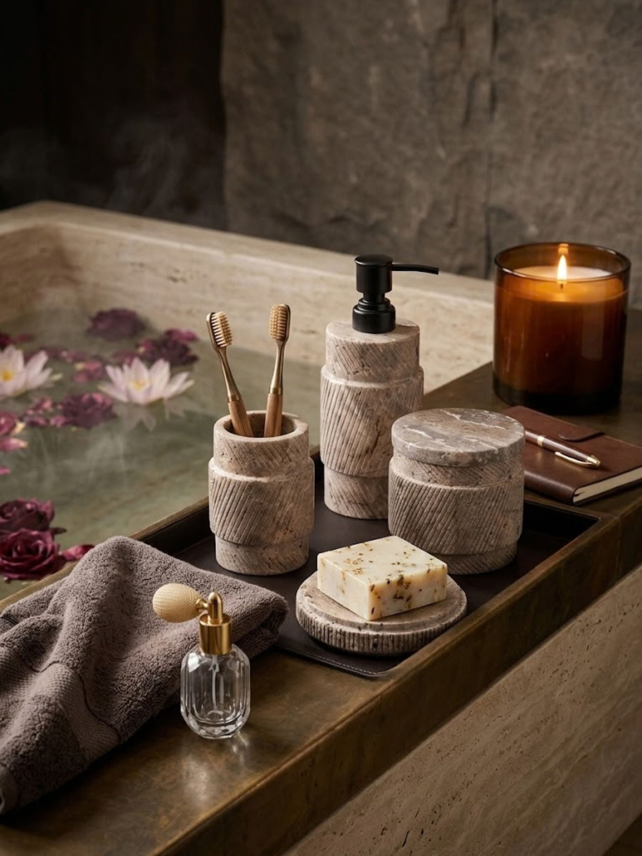 Tallinn travertine bath set styled beside a soaking tub, bringing sculpted stone texture and spa-inspired calm to a bathing retreat.