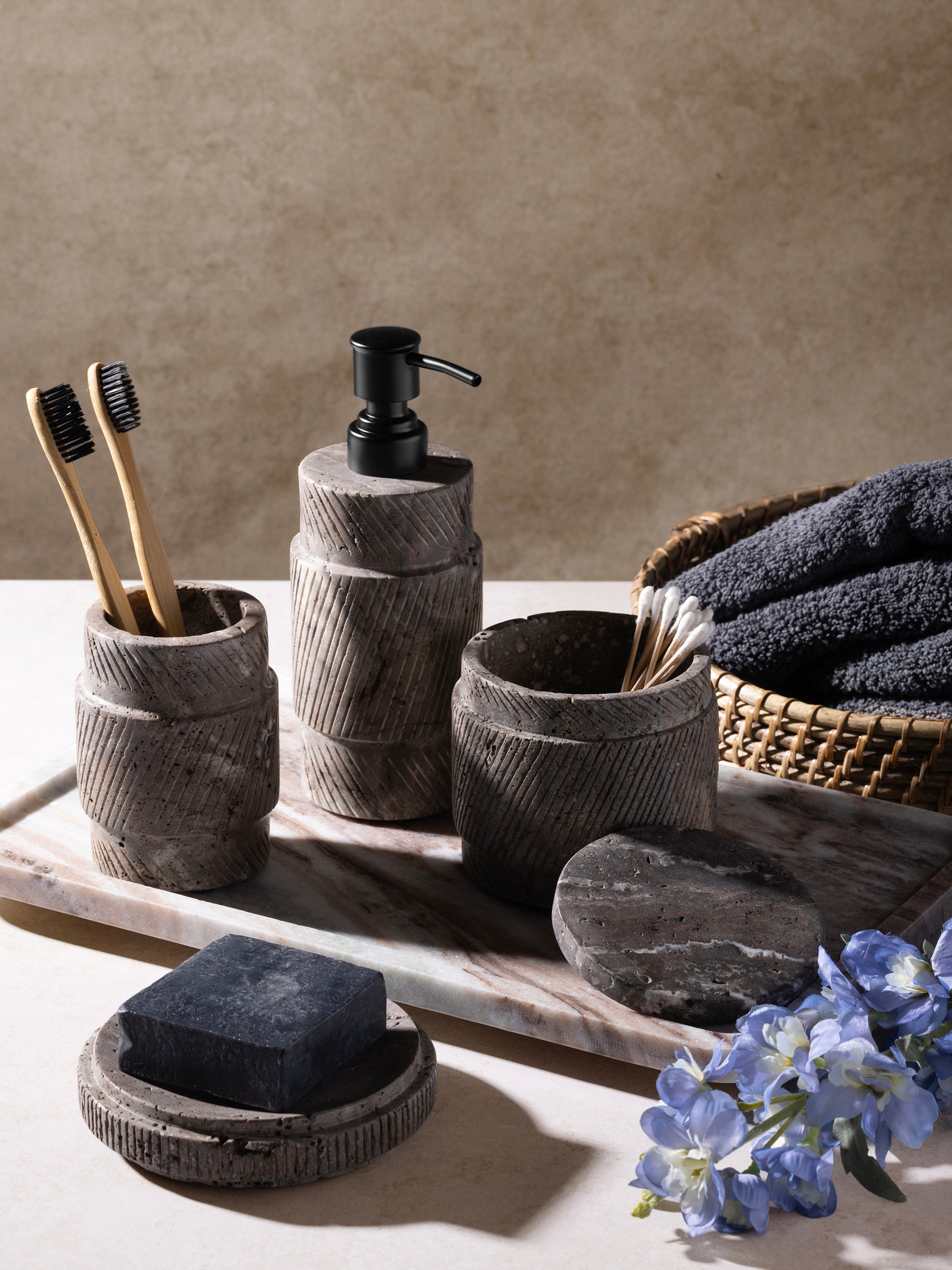 High-End Marble Look Bathroom Set – Gray-Brown Travertine Bath Essentials