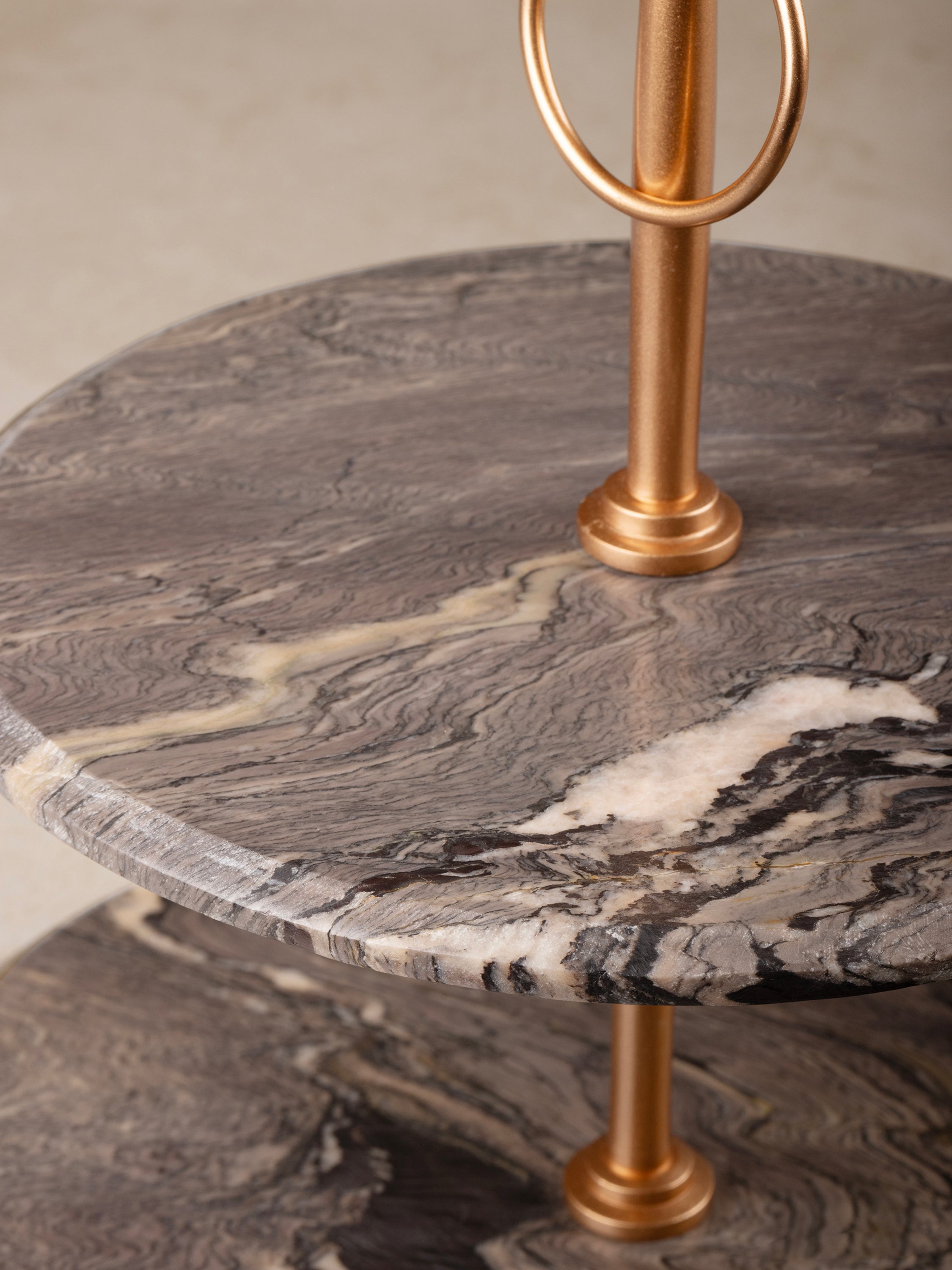 Sophisticated Two-Tier Marble Stand – Decorative Brown Onyx Serving Tray with Metal Handle