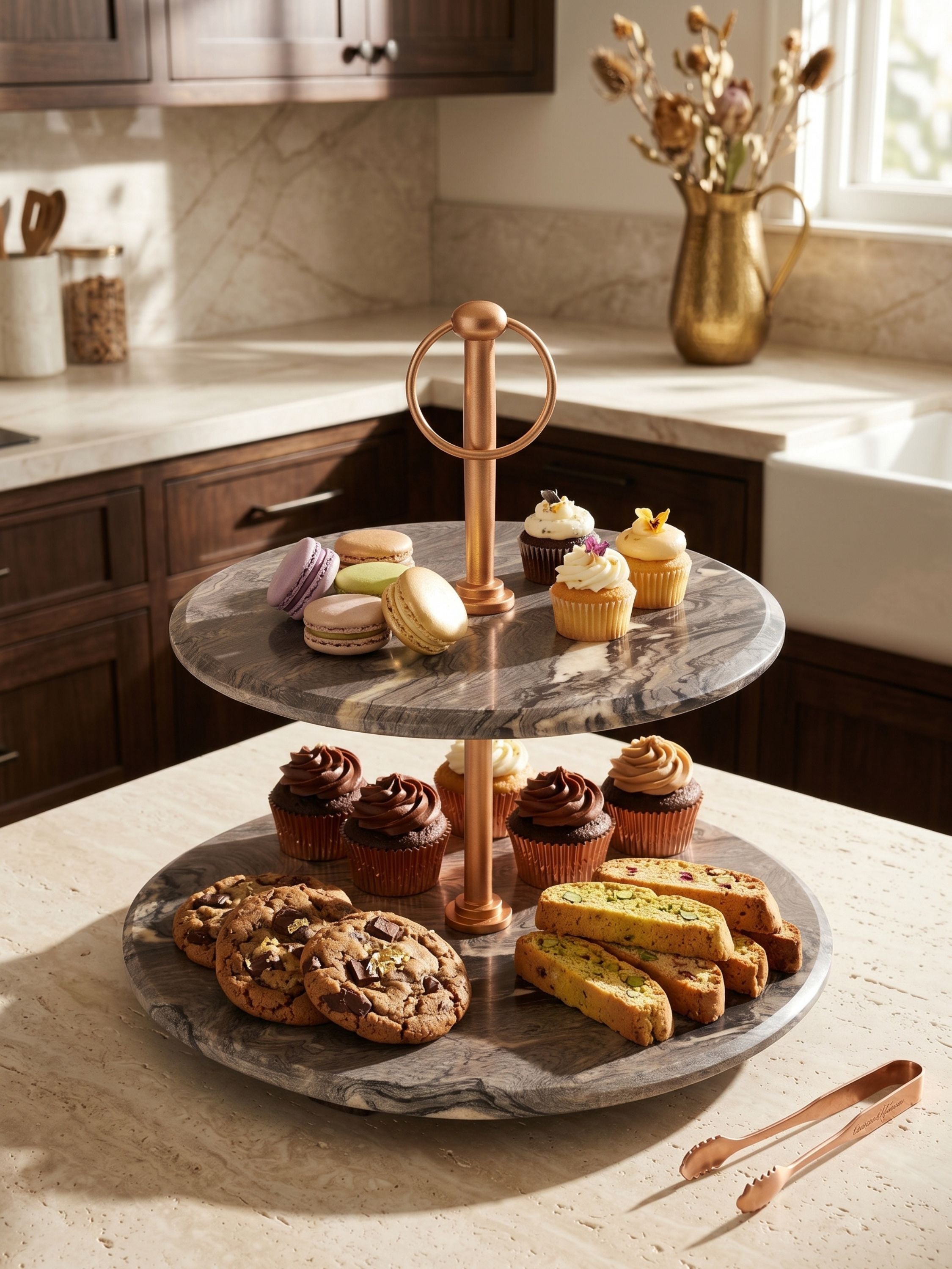 Heavenly brown onyx two-tier stand arranged with macarons, cupcakes, cookies, and biscotti beside sunlit windows.