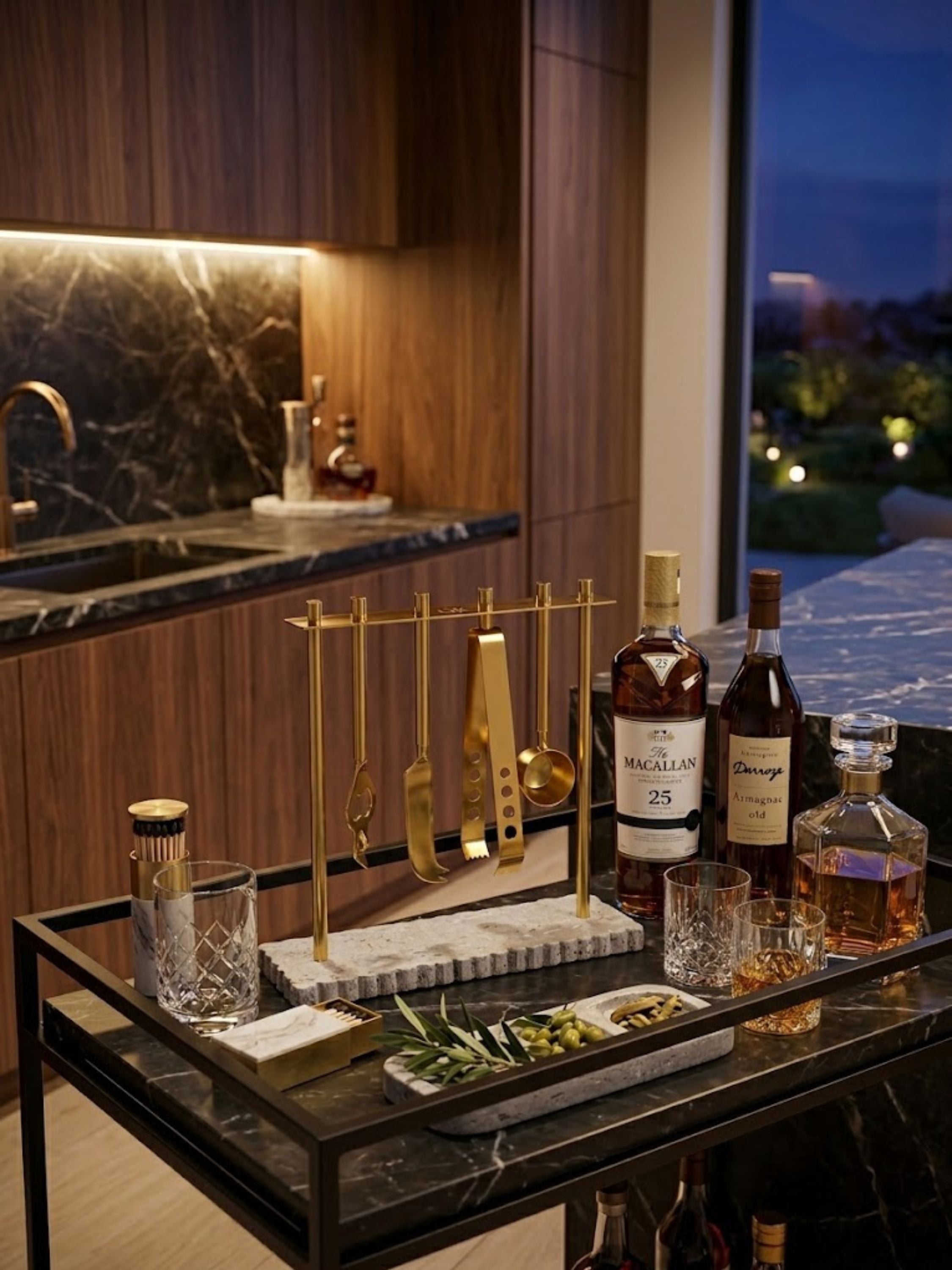 Jubel travertine bar tools displayed on a home bar, their sculptural brass stand set on the travertine base.
