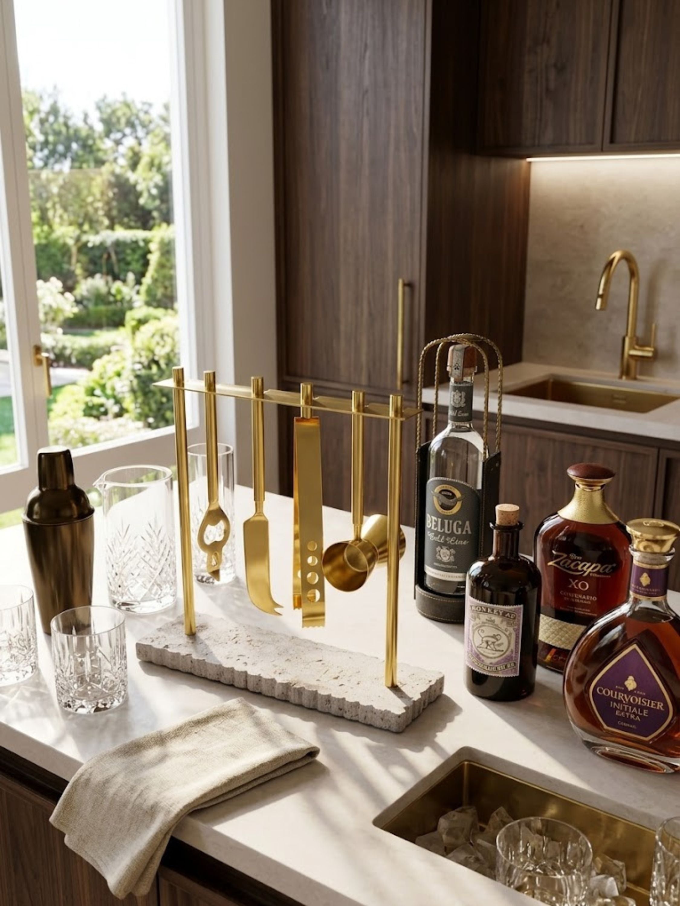 Jubel travertine bar tools displayed on a marble countertop with crystal glassware and bottles of spirits.