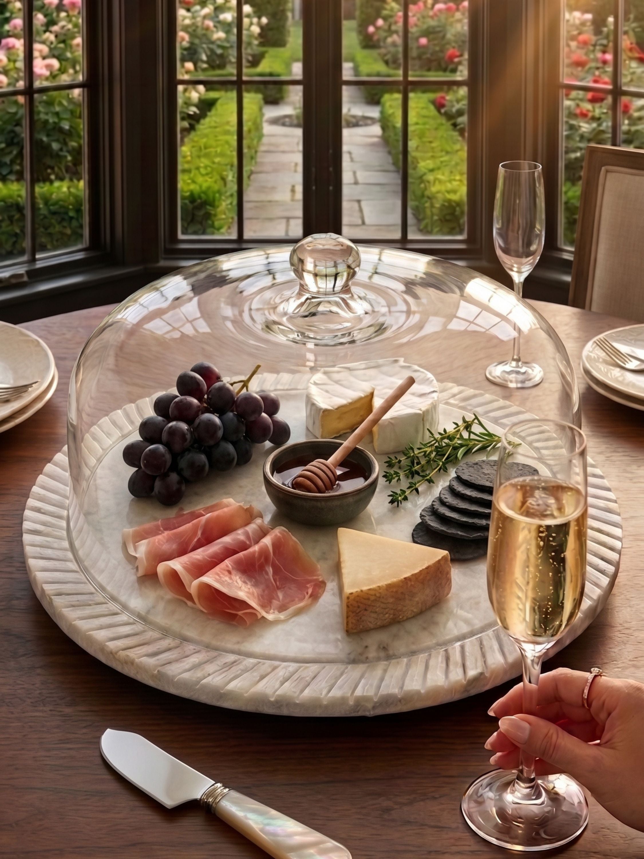 Marble serving platter with glass dome styled for entertaining, combining carved stone detailing, refined presentation, and elegant protection for cheeses, charcuterie, and desserts.