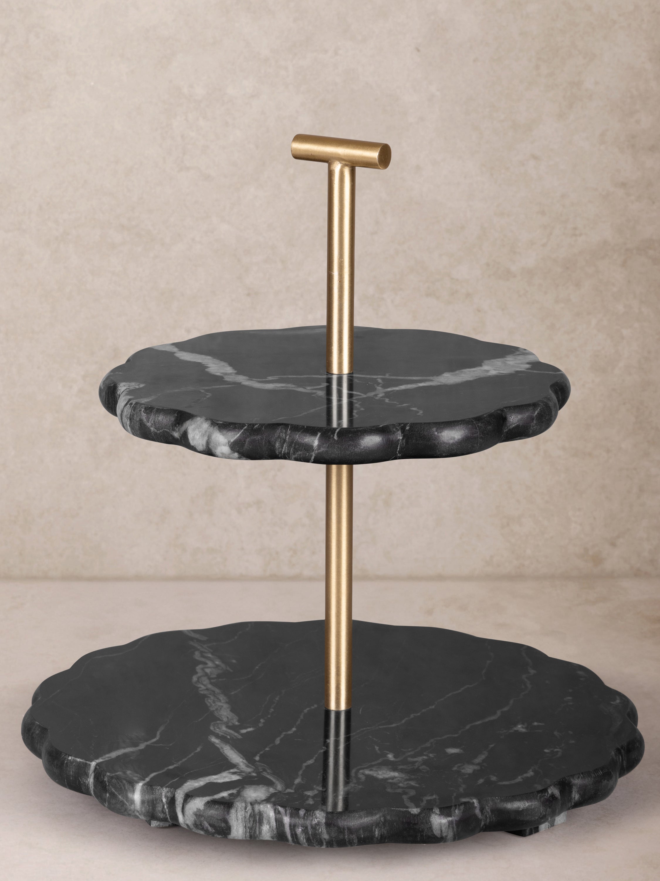 Luxury Black Marble Two-Tier Cake Stand – Elegant Serving Tray with Gold Handle