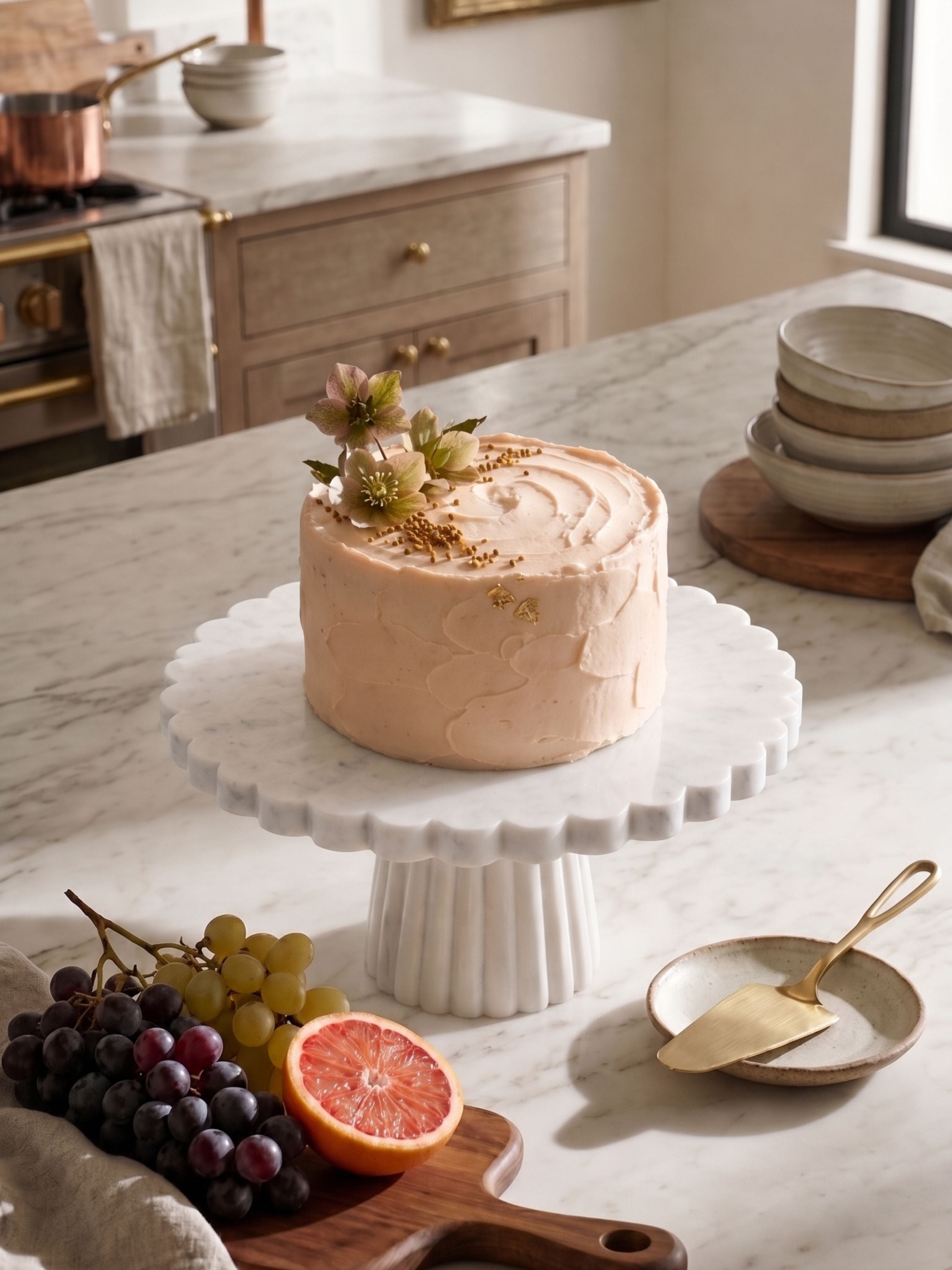 White marble pedestal cake stand featuring a scalloped serving surface and sculptural fluted base, displayed with an elegantly frosted cake for elevated entertaining.