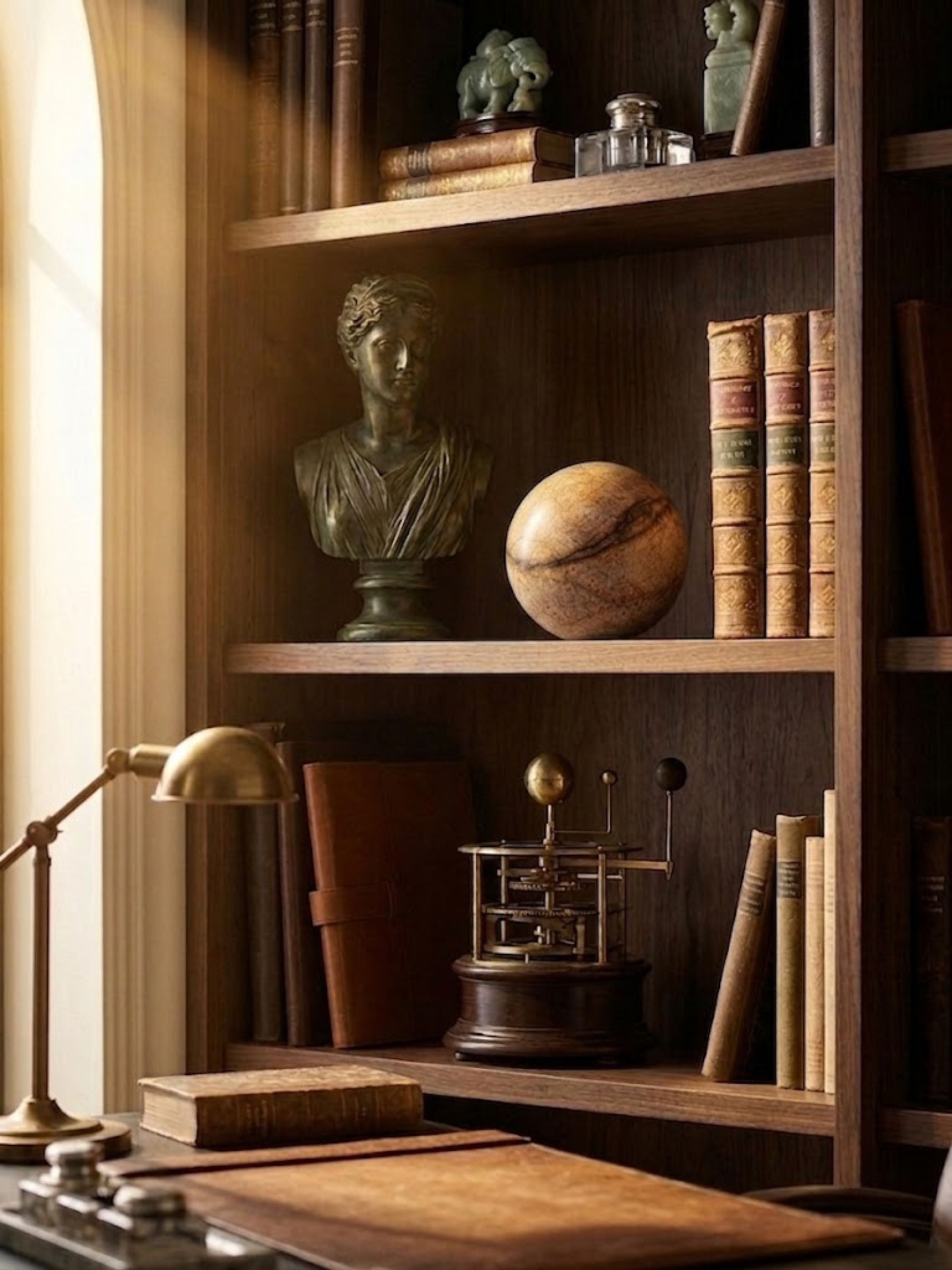 Brown onyx decorative sphere, 4 inch, with natural veining, placed on a wooden desk with books and soft daylight in a study setting