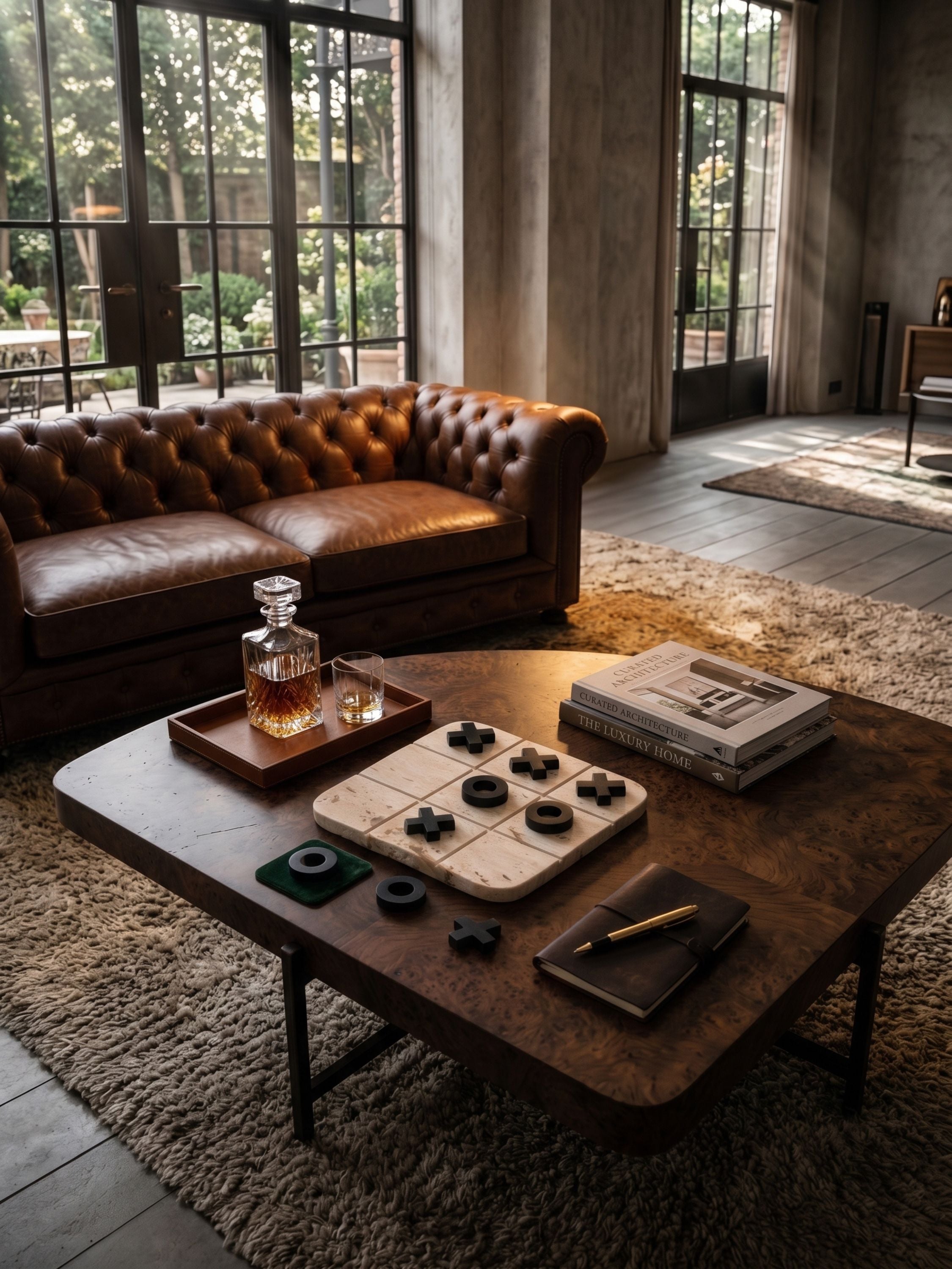 Travertine tic tac toe game set with stone board and contrasting pieces, styled on a wooden coffee table with bar accessories
