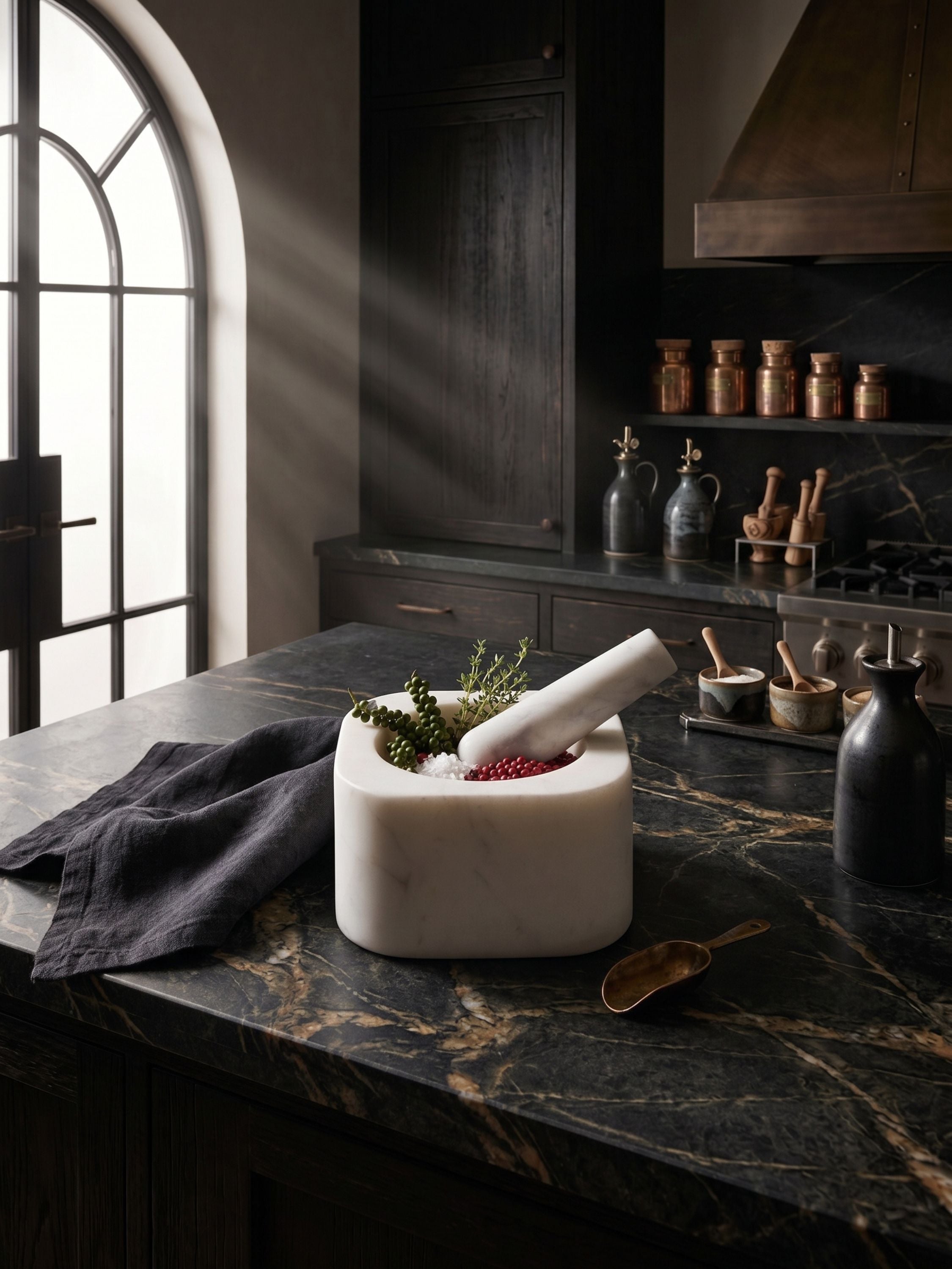 White marble mortar and pestle set placed on a dark stone kitchen countertop with herbs and spices, styled in a warm, moody kitchen setting