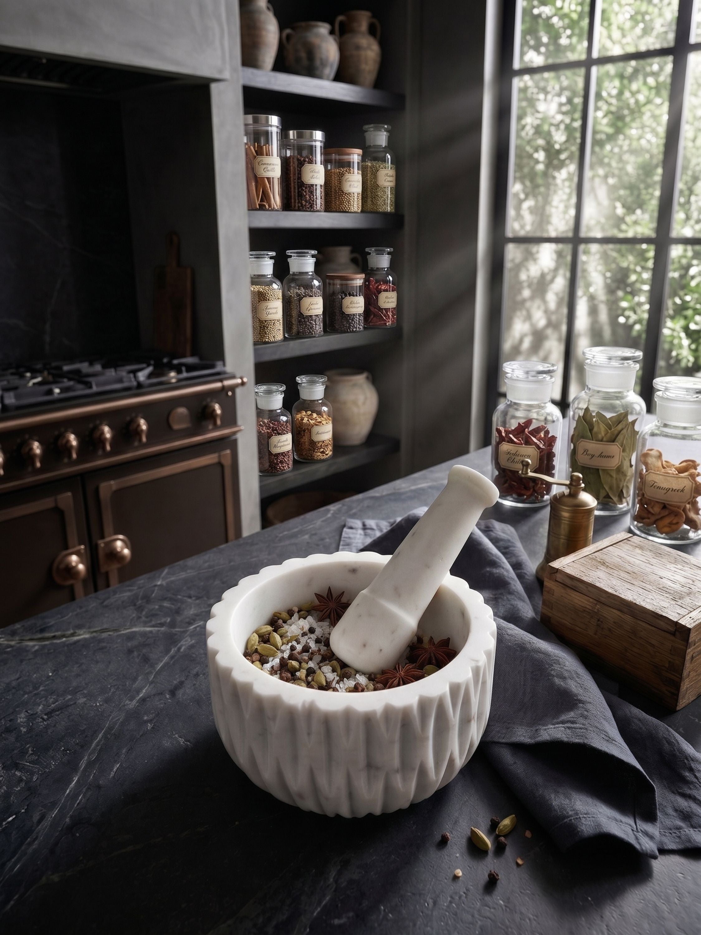 White marble mortar and pestle with fluted carved exterior, placed on a dark stone countertop with spices and copper cookware in the background