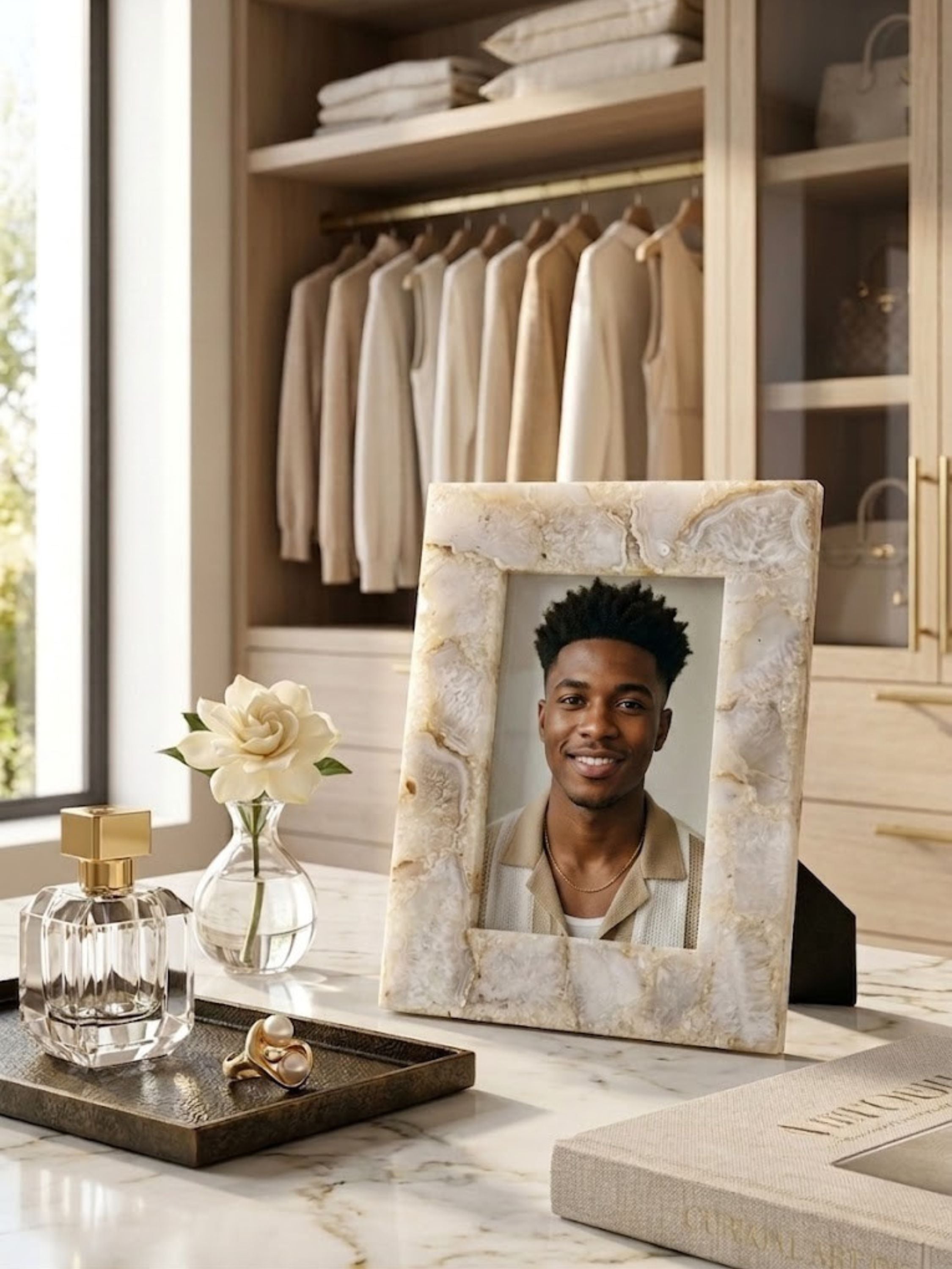 Agate stone picture frame with crystalline mineral texture, styled on a closet vanity.