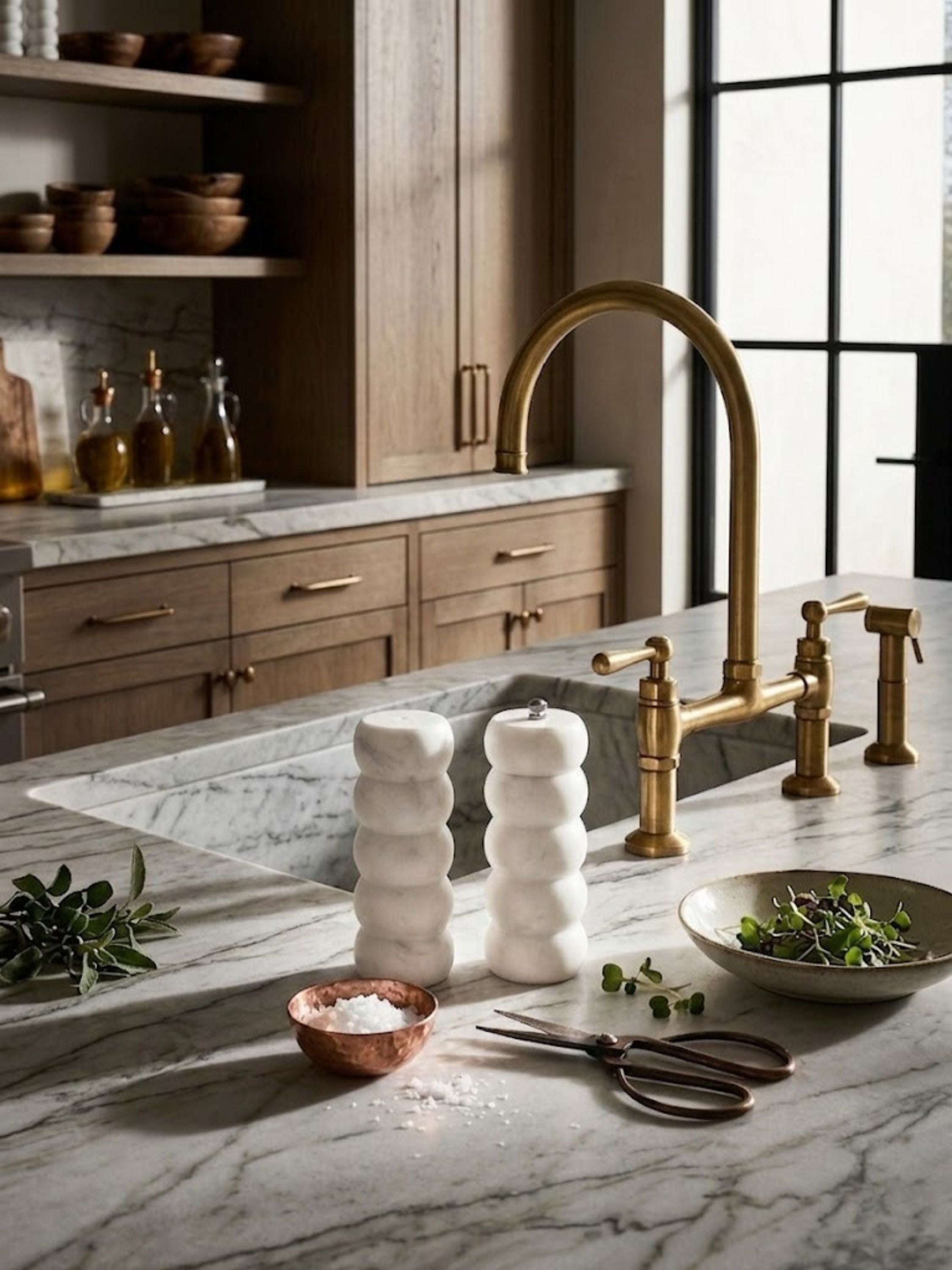 Sculpted white marble salt and pepper shaker set with rounded stacked form, placed on a kitchen counter with herbs and utensils in a warm interior setting