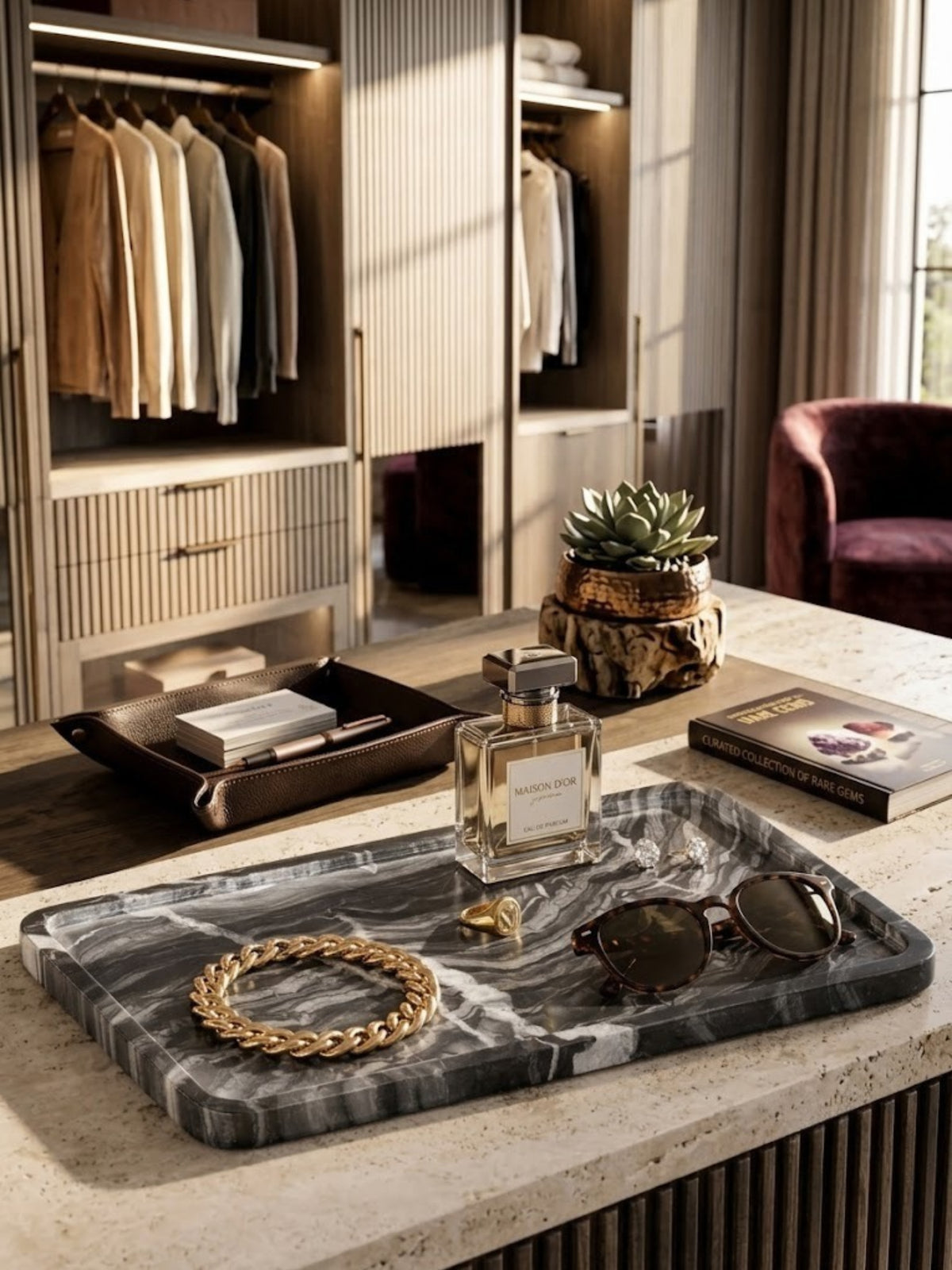 Frontier black onyx tray with polished veining, holding jewelry and scent in a walk-in closet.