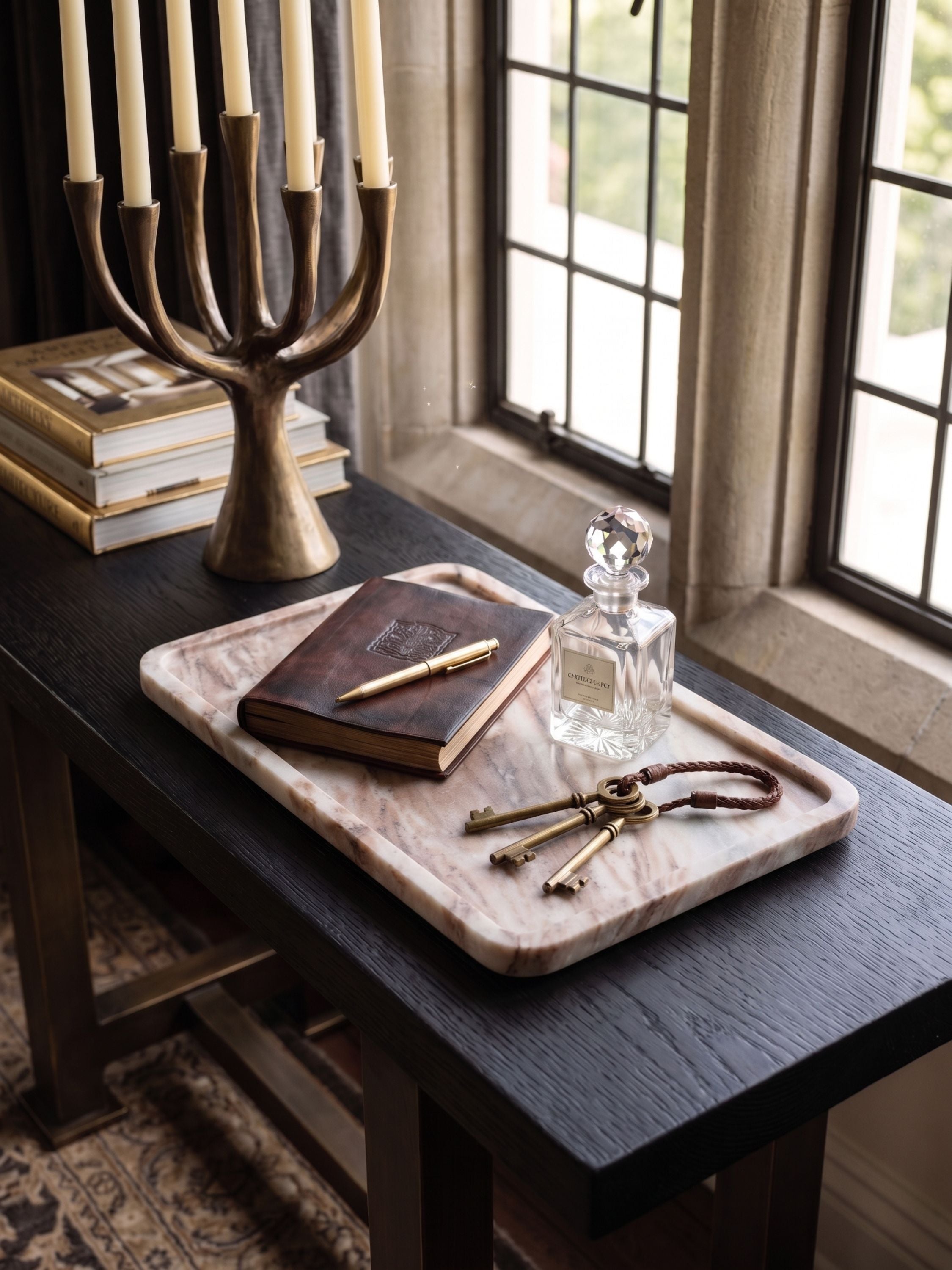 Beige onyx decorative tray styled with journal, perfume bottle, and keys on a console table near a window