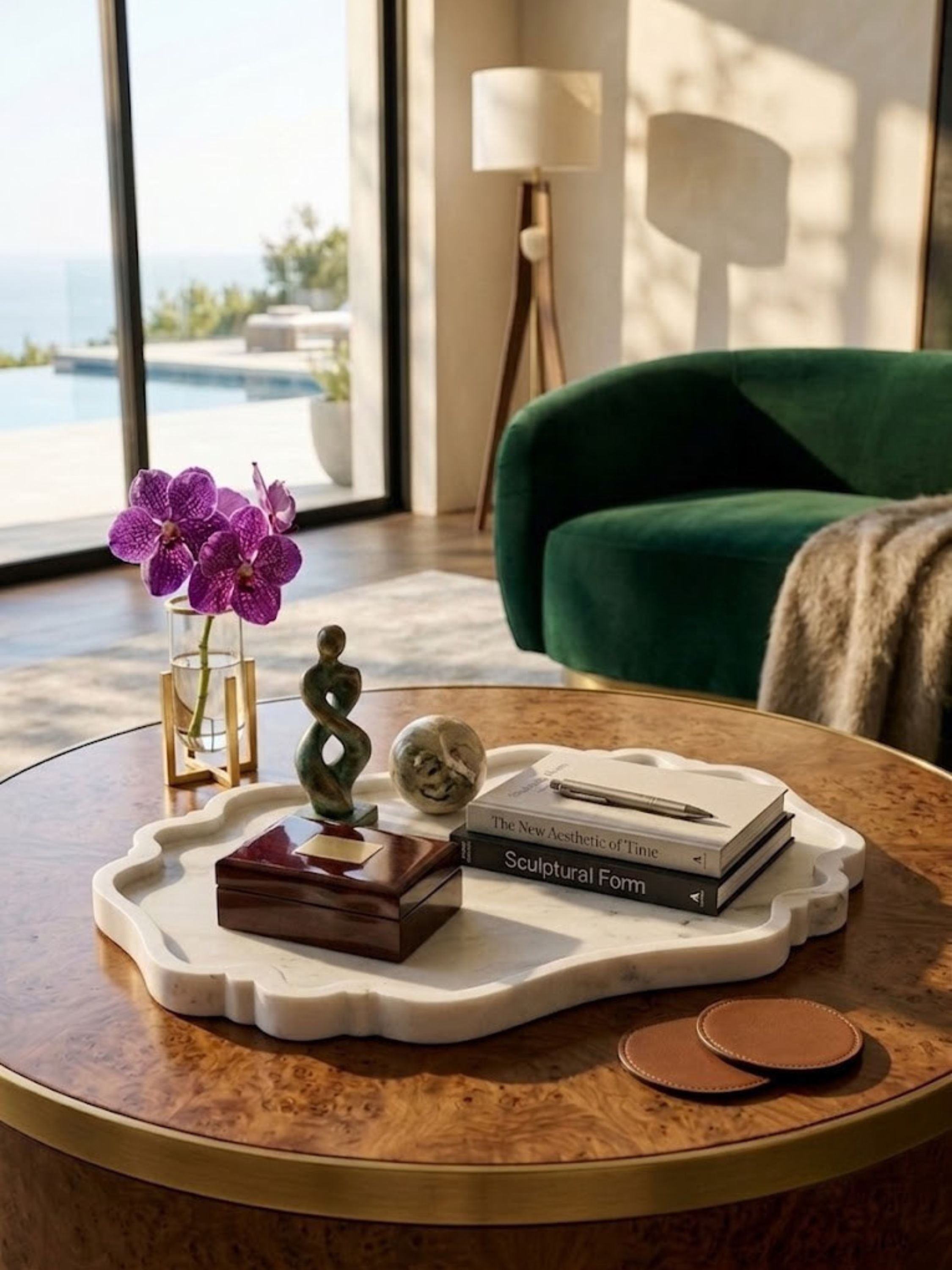 White marble tray with a routed rim, styled on an outdoor coffee table.