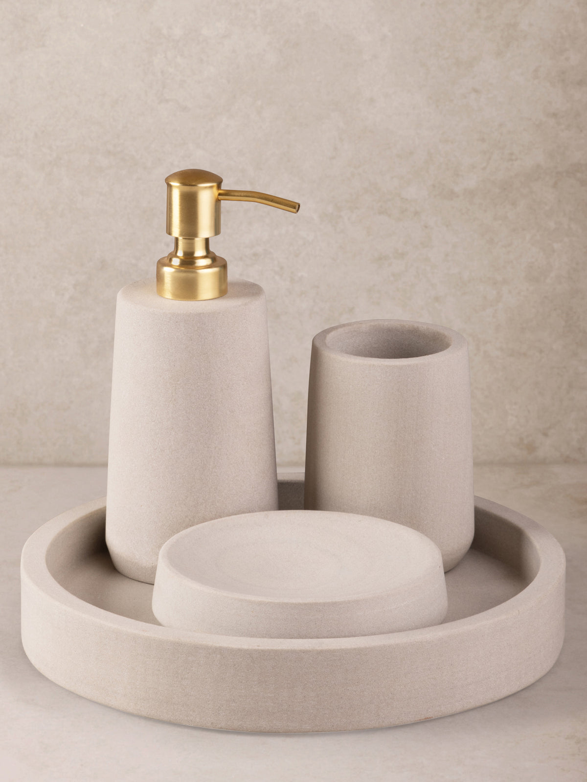 Casablanca Beige Sandstone Bath Accessories Set – Luxe Vanity | GAURI KOHLI®