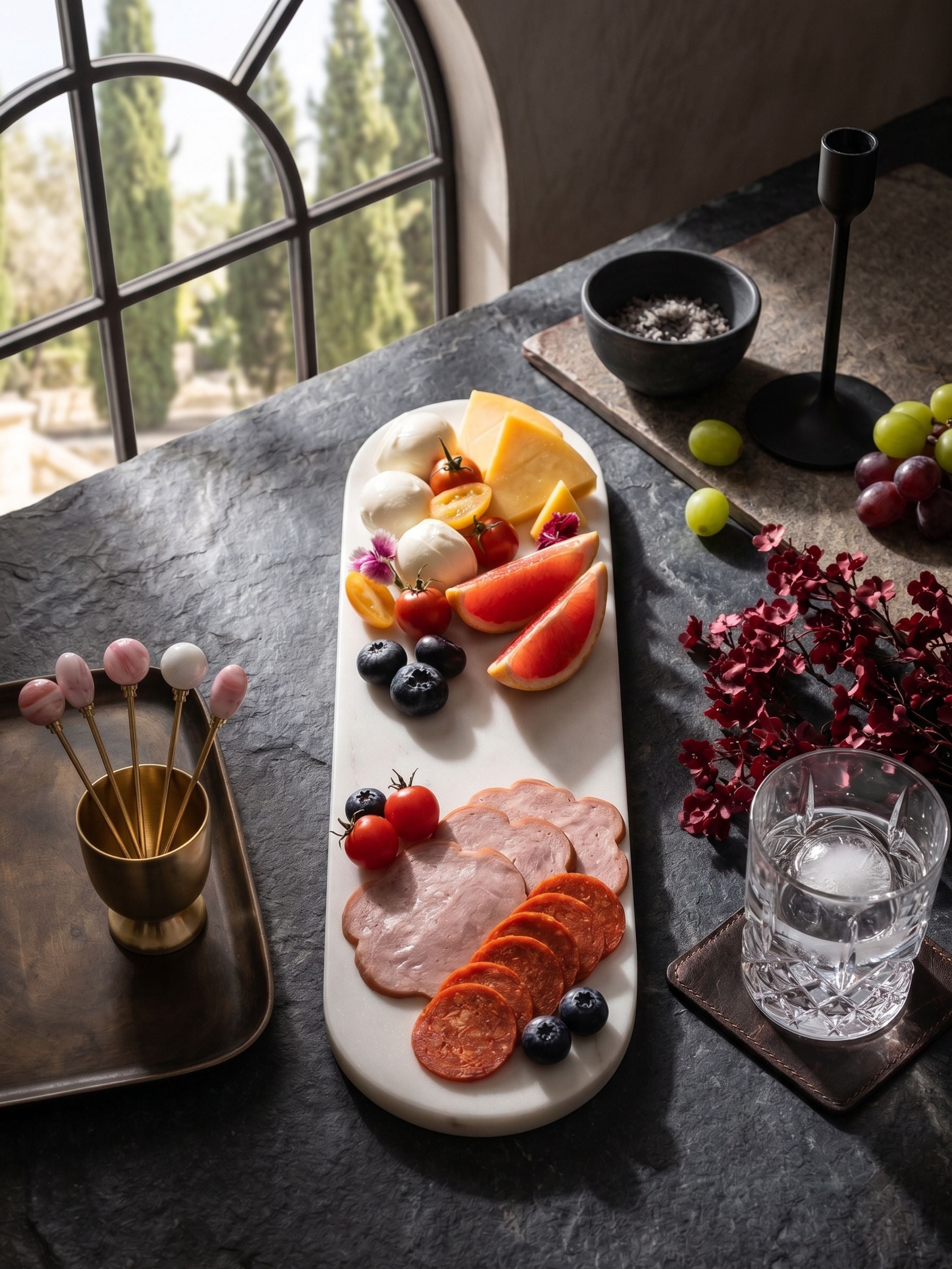 Marble cheese board styled with charcuterie, fresh fruit, and appetizers on a dark stone table near a window